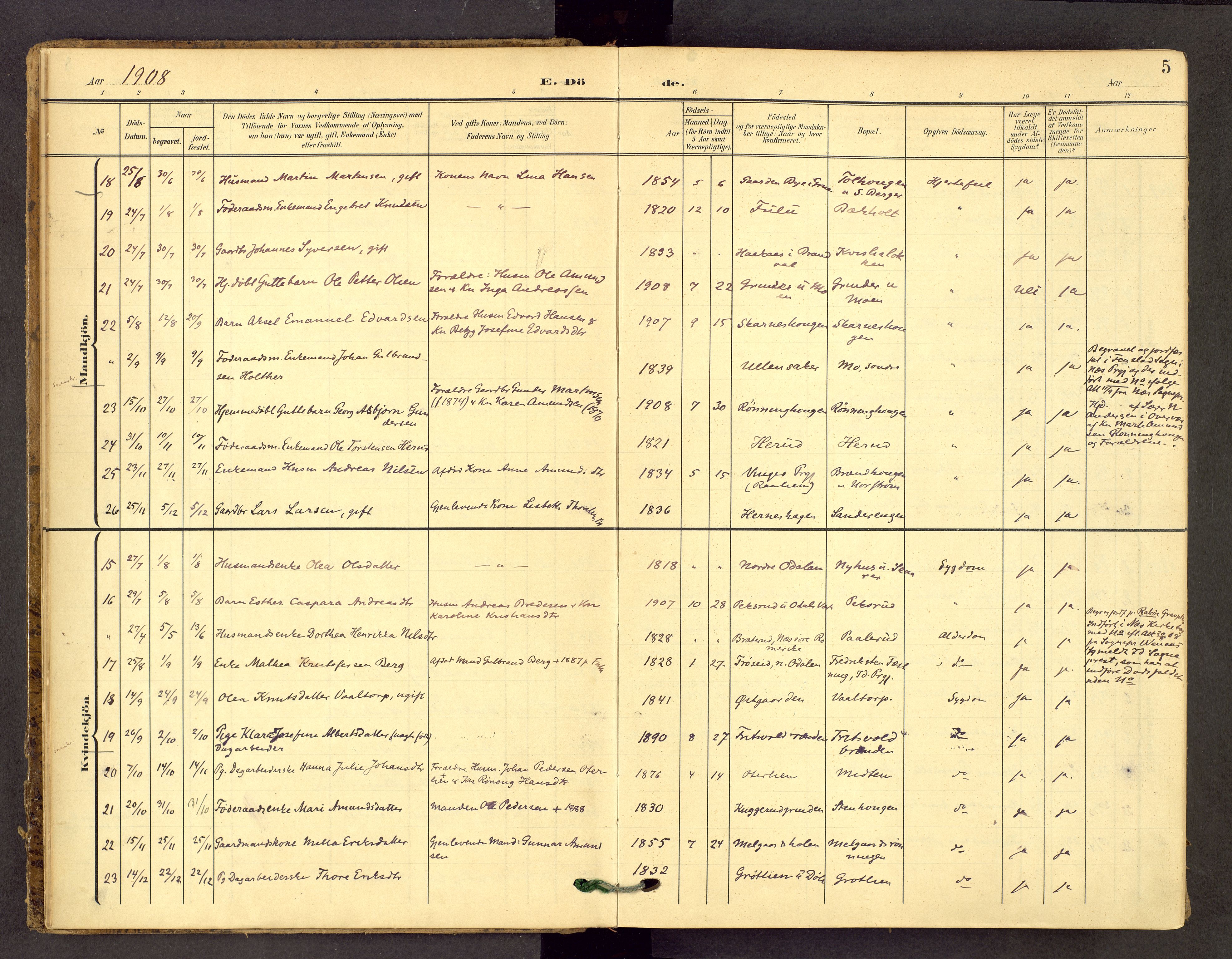 Sør-Odal prestekontor, AV/SAH-PREST-030/H/Ha/Haa/L0010: Ministerialbok nr. 10, 1907-1968, s. 5