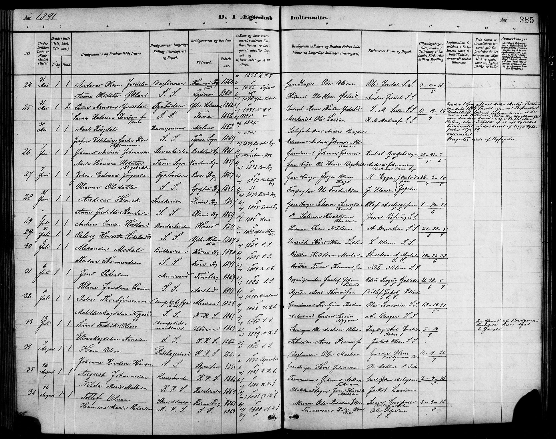 Sandviken Sokneprestembete, AV/SAB-A-77601/H/Hb/L0001: Klokkerbok nr. A 2, 1879-1892, s. 385