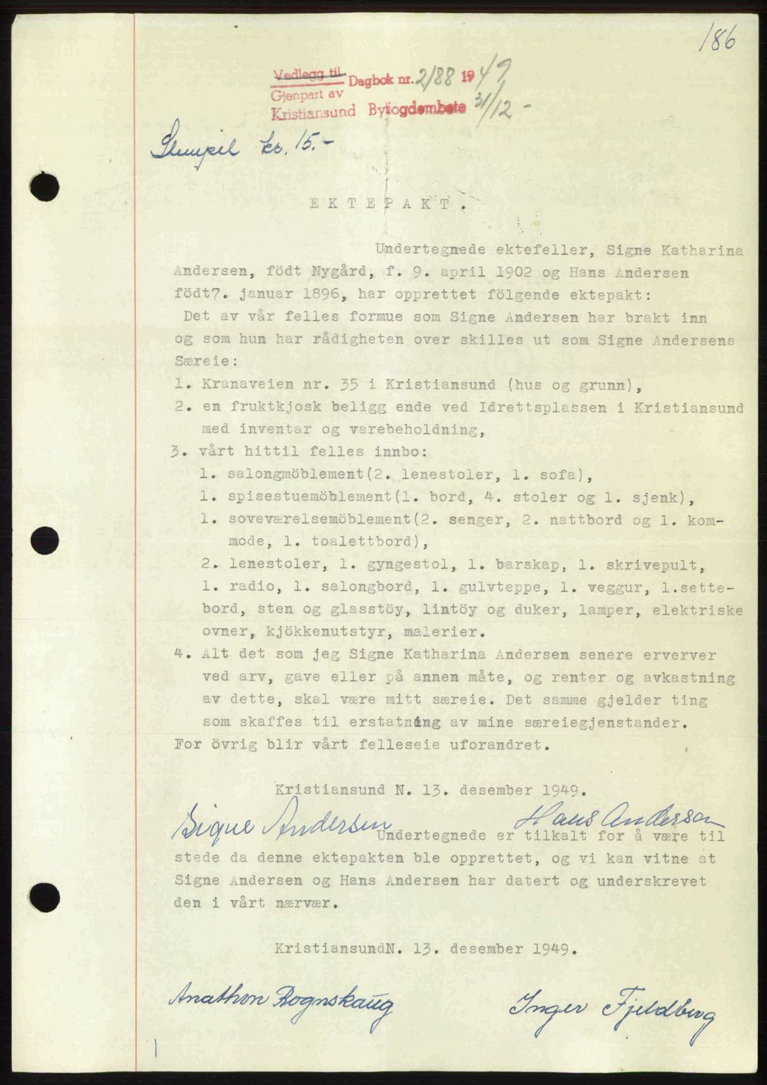 Kristiansund byfogd, AV/SAT-A-4587/A/27: Pantebok nr. 46, 1949-1950, Dagboknr: 2188/1949