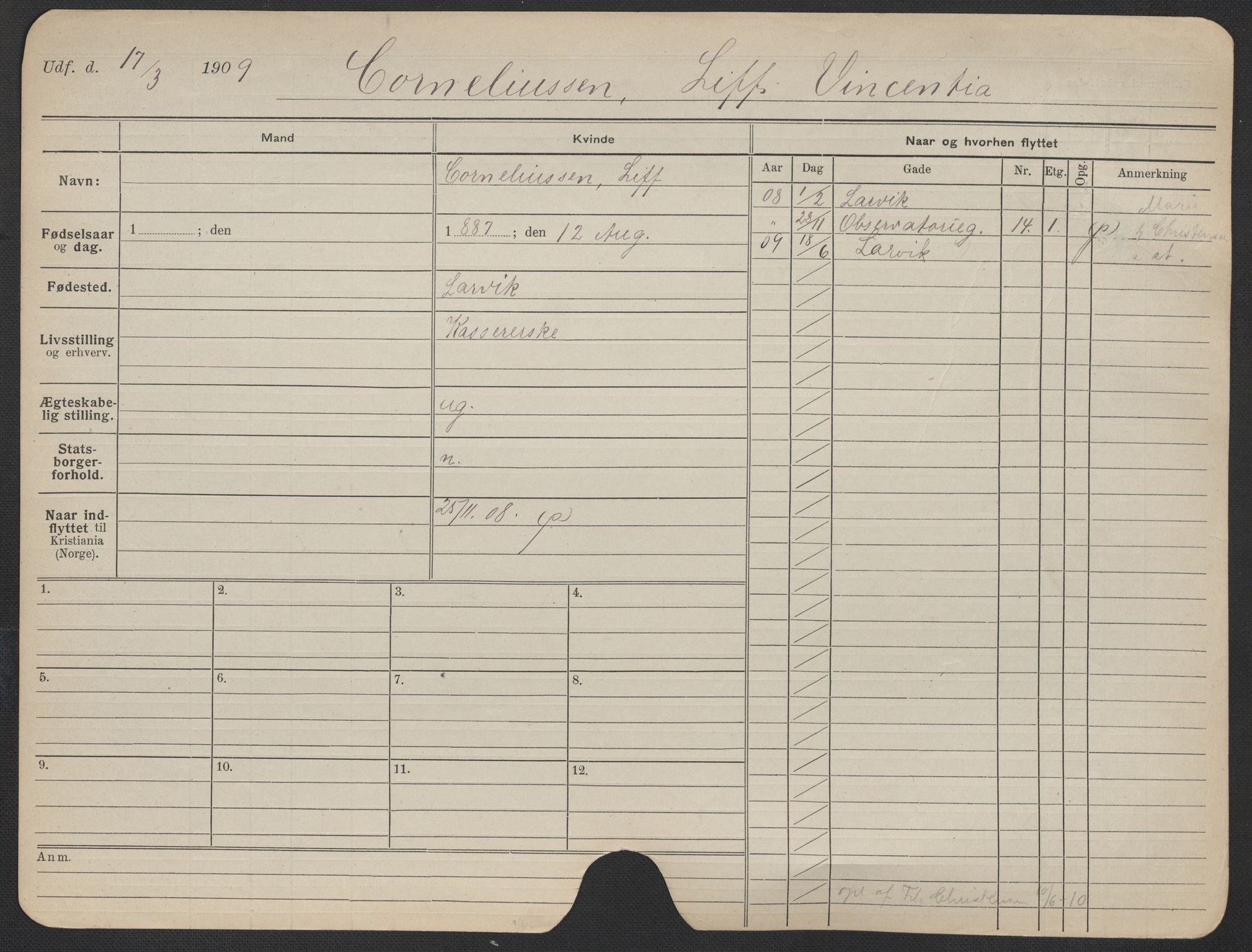 Oslo folkeregister, Registerkort, AV/SAO-A-11715/F/Fa/Fac/L0019: Kvinner, 1906-1914, s. 56a