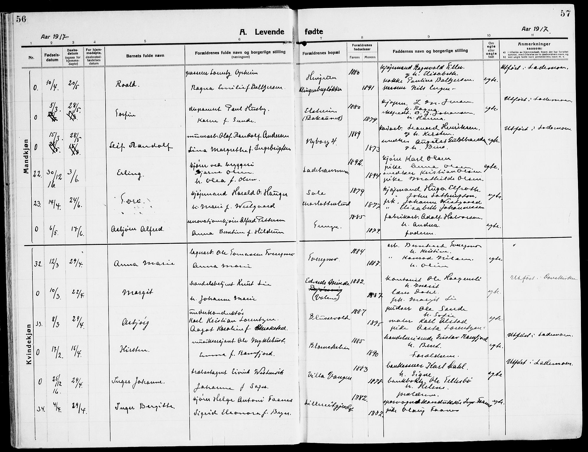 Ministerialprotokoller, klokkerbøker og fødselsregistre - Sør-Trøndelag, AV/SAT-A-1456/607/L0321: Ministerialbok nr. 607A05, 1916-1935, s. 56-57