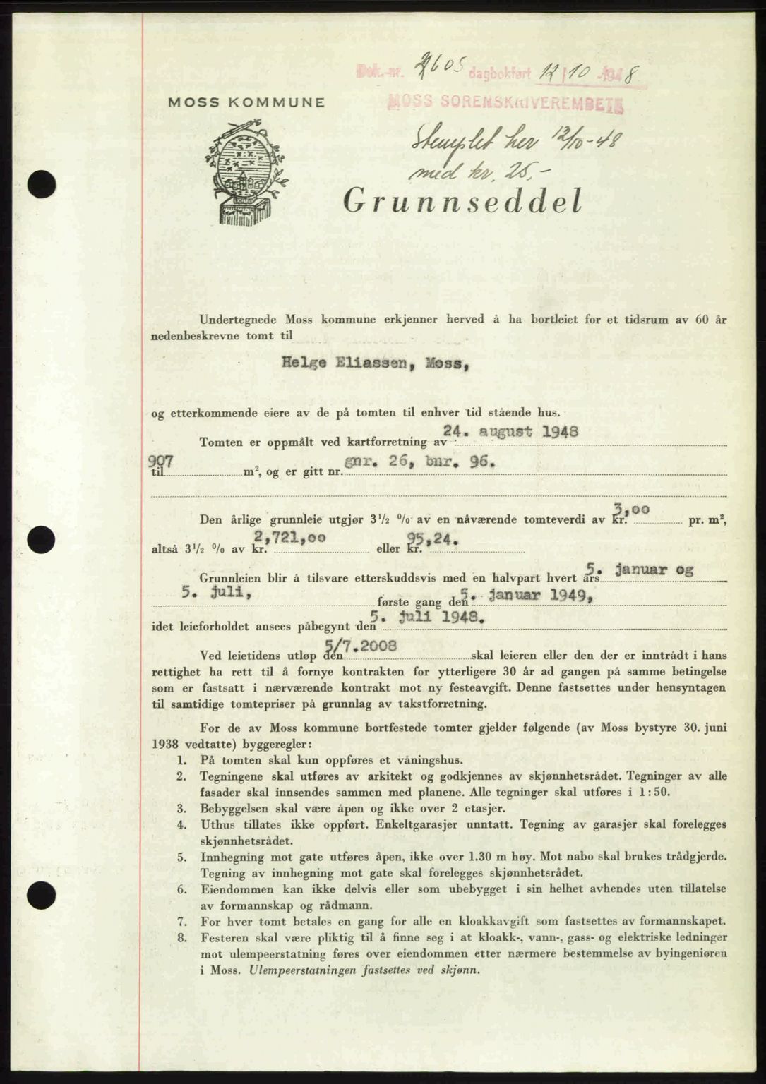 Moss sorenskriveri, SAO/A-10168: Pantebok nr. A20, 1948-1948, Dagboknr: 2605/1948