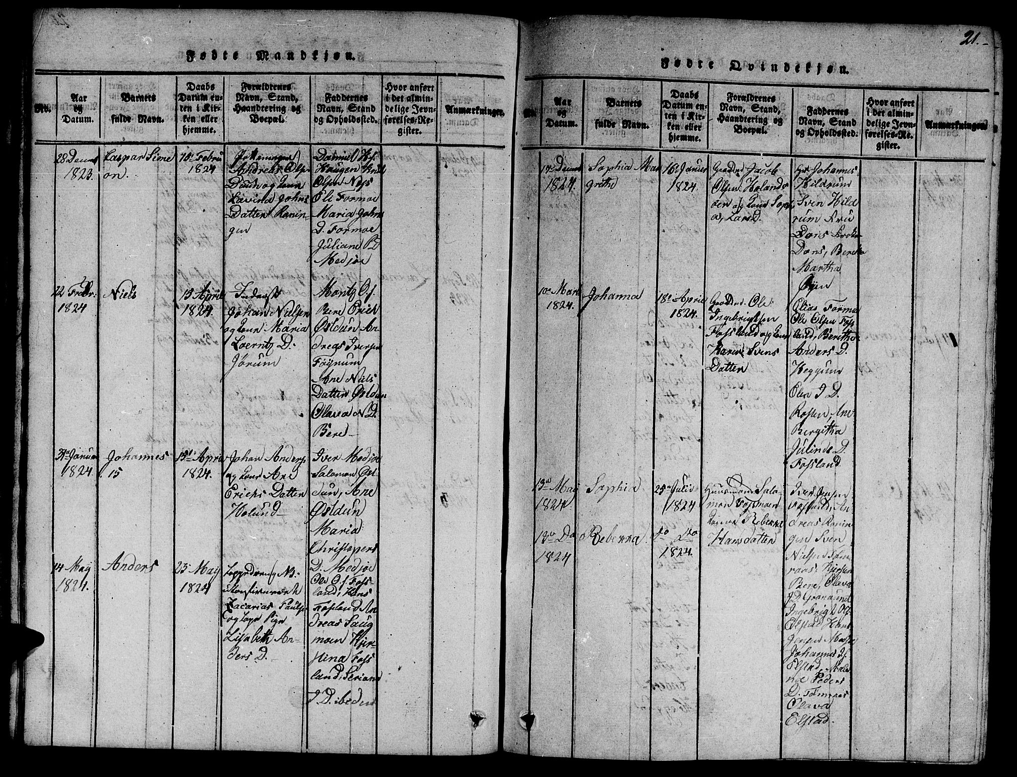Ministerialprotokoller, klokkerbøker og fødselsregistre - Nord-Trøndelag, AV/SAT-A-1458/758/L0521: Klokkerbok nr. 758C01, 1816-1825, s. 21