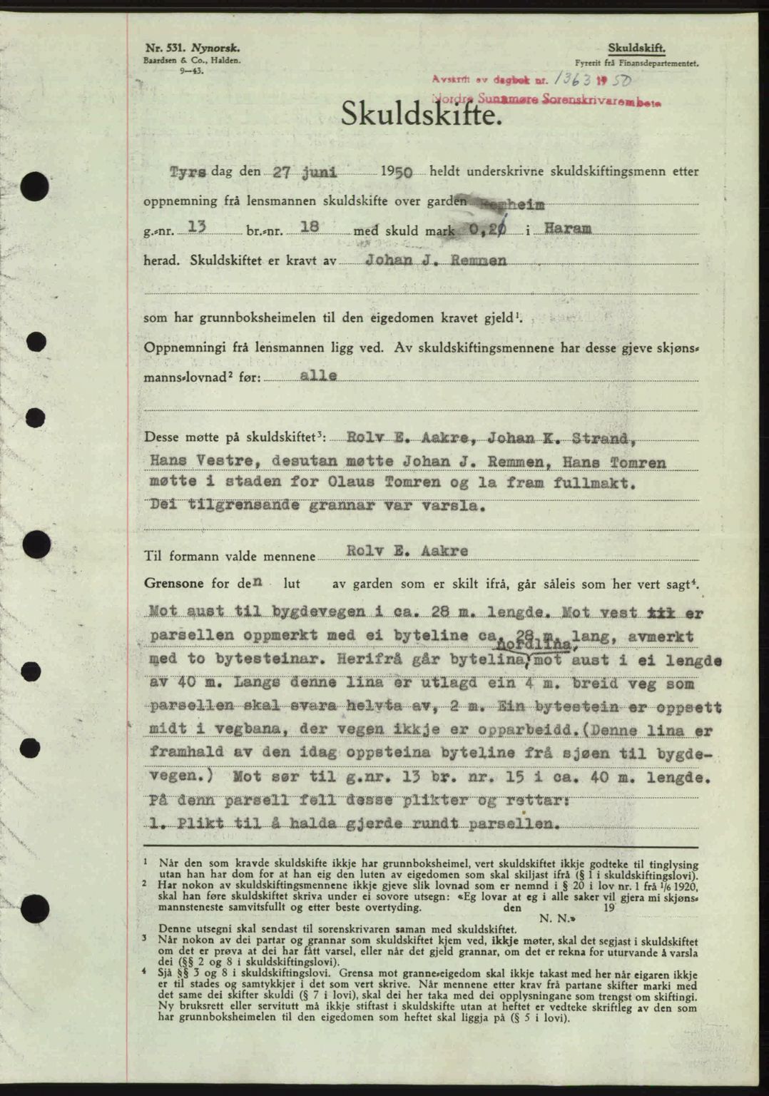 Nordre Sunnmøre sorenskriveri, SAT/A-0006/1/2/2C/2Ca: Pantebok nr. A35, 1950-1950, Dagboknr: 1363/1950