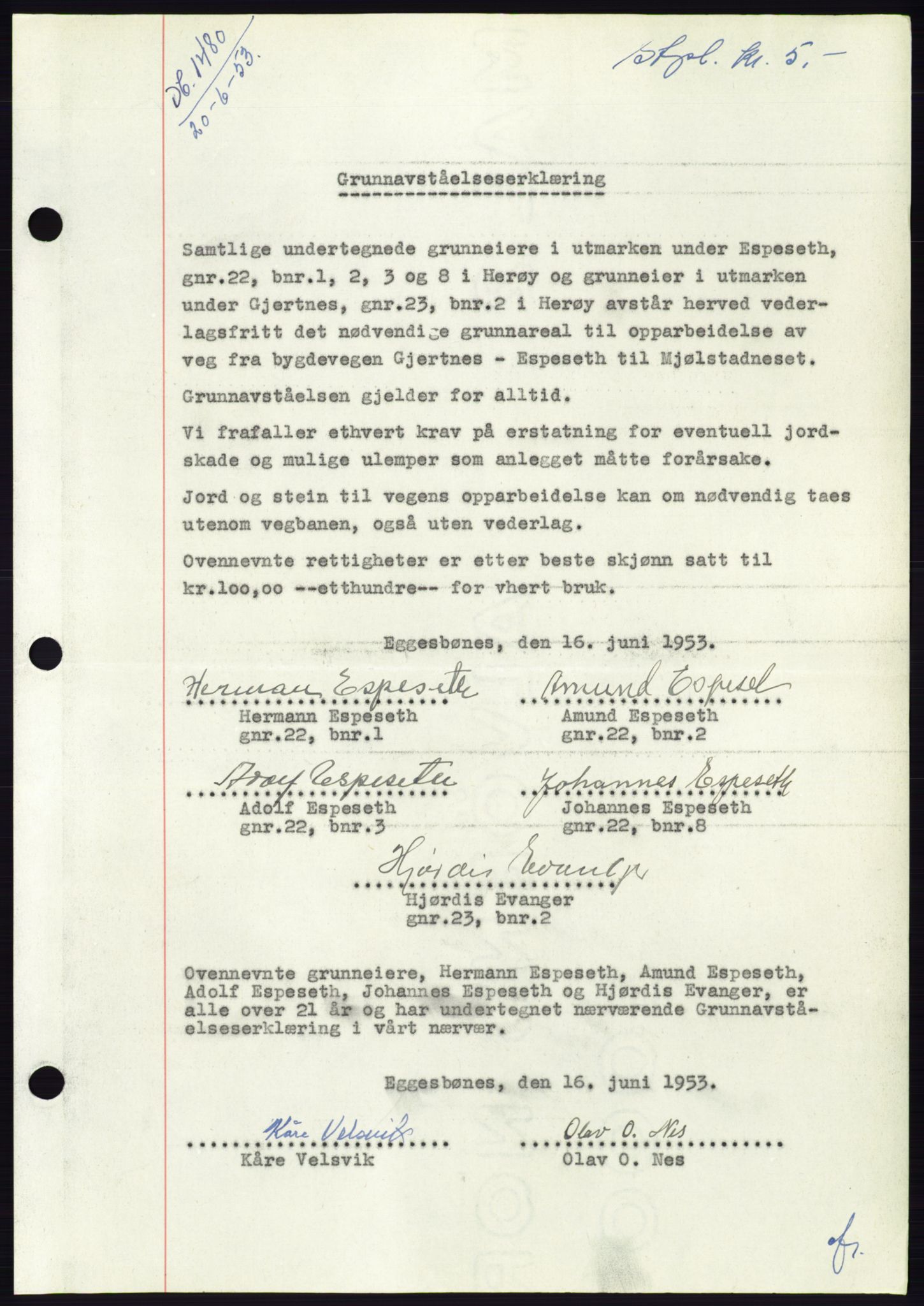 Søre Sunnmøre sorenskriveri, AV/SAT-A-4122/1/2/2C/L0095: Pantebok nr. 21A, 1953-1953, Dagboknr: 1480/1953