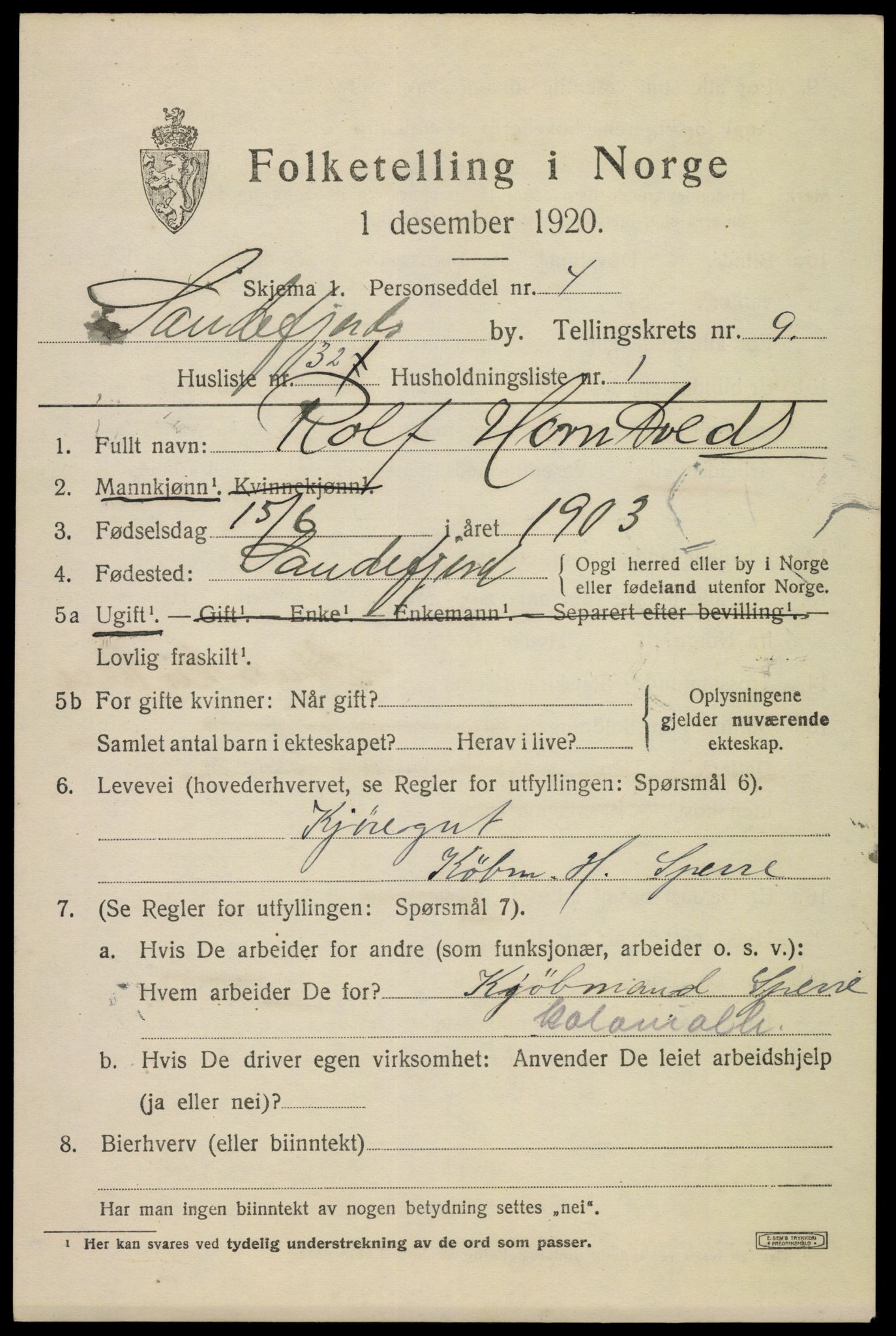 SAKO, Folketelling 1920 for 0706 Sandefjord kjøpstad, 1920, s. 13252