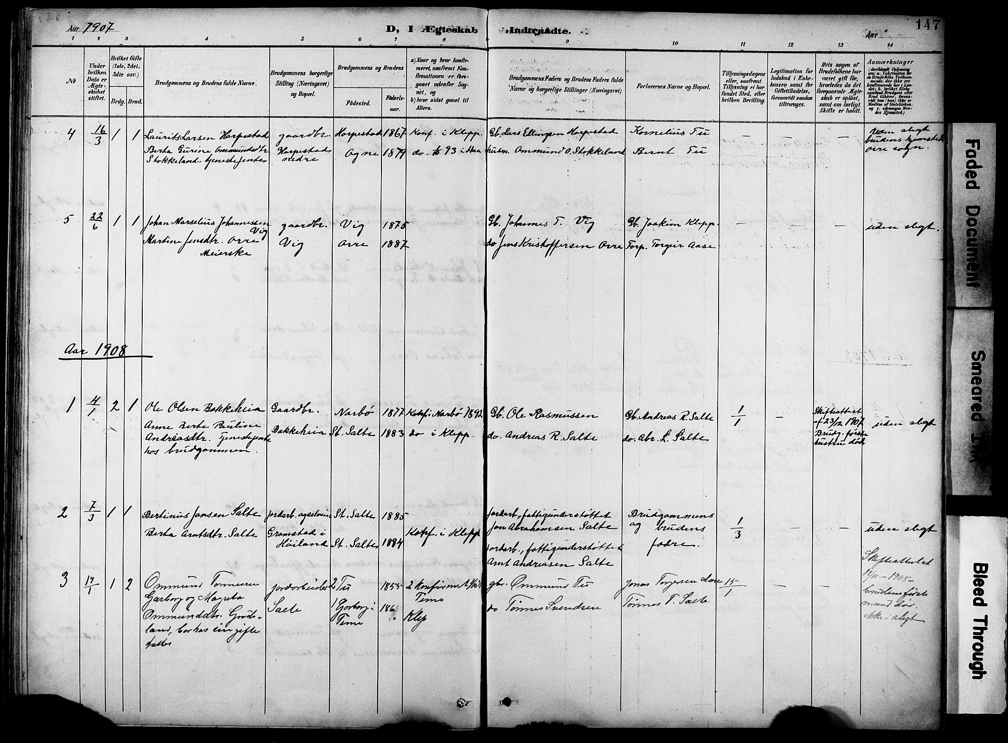 Klepp sokneprestkontor, AV/SAST-A-101803/001/3/30BB/L0005: Klokkerbok nr. B 5, 1889-1918, s. 147