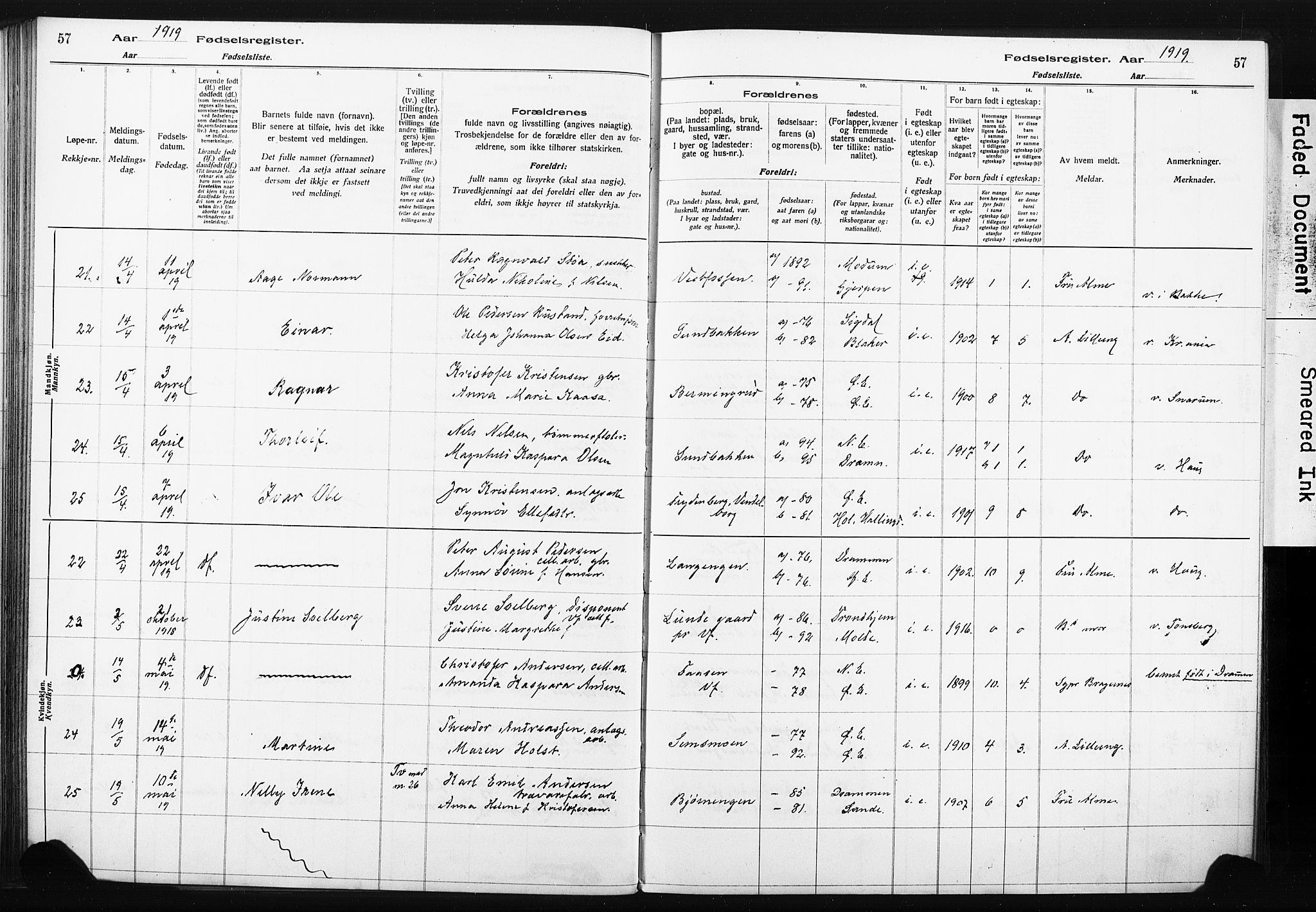 Eiker kirkebøker, AV/SAKO-A-4/J/Ja/L0001: Fødselsregister nr. I 1, 1916-1927, s. 57