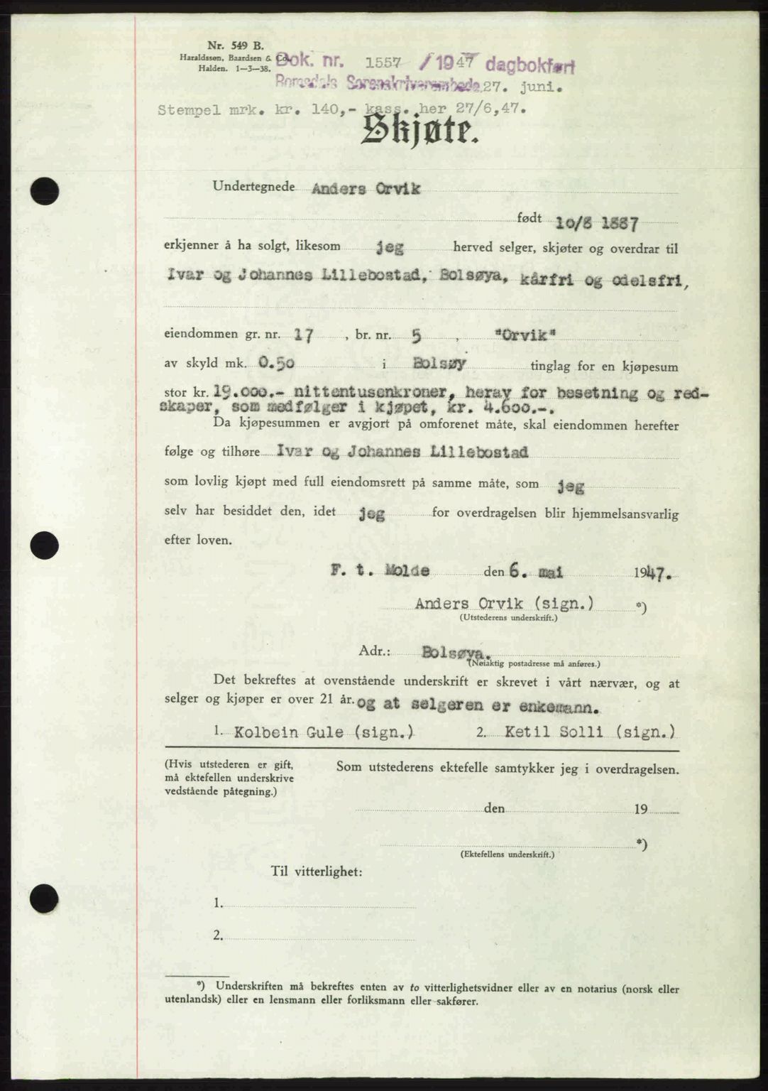 Romsdal sorenskriveri, AV/SAT-A-4149/1/2/2C: Pantebok nr. A23, 1947-1947, Dagboknr: 1557/1947