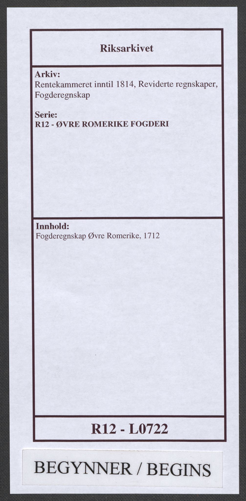 Rentekammeret inntil 1814, Reviderte regnskaper, Fogderegnskap, RA/EA-4092/R12/L0722: Fogderegnskap Øvre Romerike, 1712, s. 1