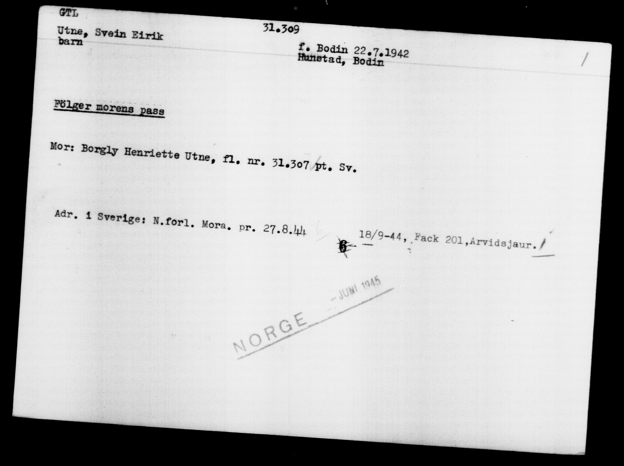 Utenriksstasjonene, Legasjonen i Stockholm, Flyktningkontoret, AV/RA-S-6753/V/Va/L0012: Kjesäterkartoteket, flyktninger med registreringsnr. 28300-31566, 1940-1945, s. 3261