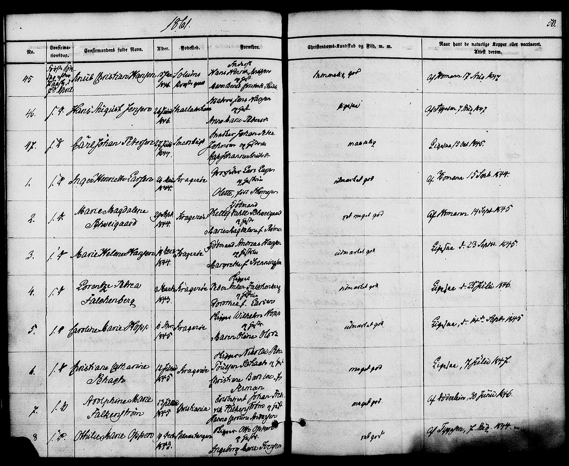 Kragerø kirkebøker, AV/SAKO-A-278/F/Fa/L0008: Ministerialbok nr. 8, 1856-1880, s. 50
