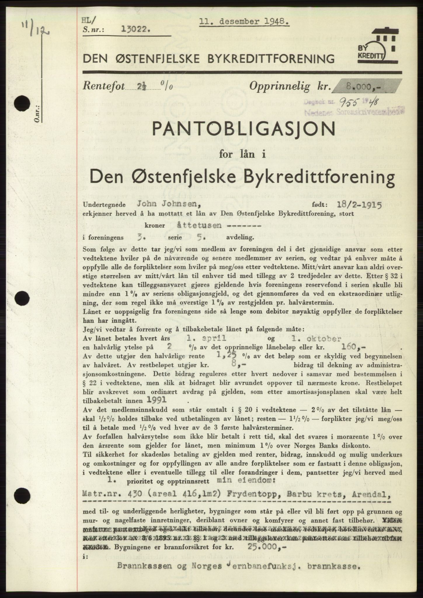 Arendal byfogd, SAK/1222-0001/G/Gb/Gbb/L0004: Pantebok nr. B3, 1947-1948, Dagboknr: 955/1948