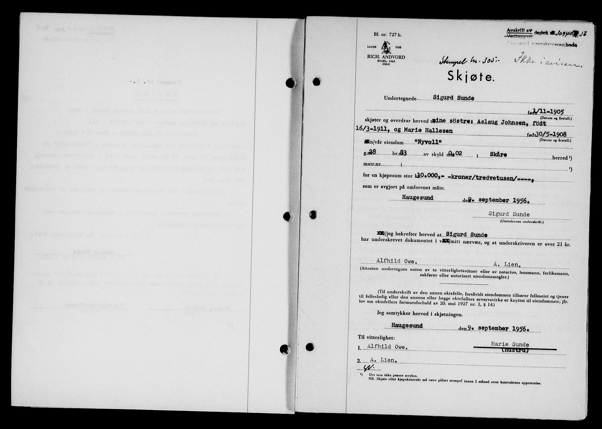 Karmsund sorenskriveri, SAST/A-100311/01/II/IIB/L0121: Pantebok nr. 101A, 1956-1956, Dagboknr: 3094/1956