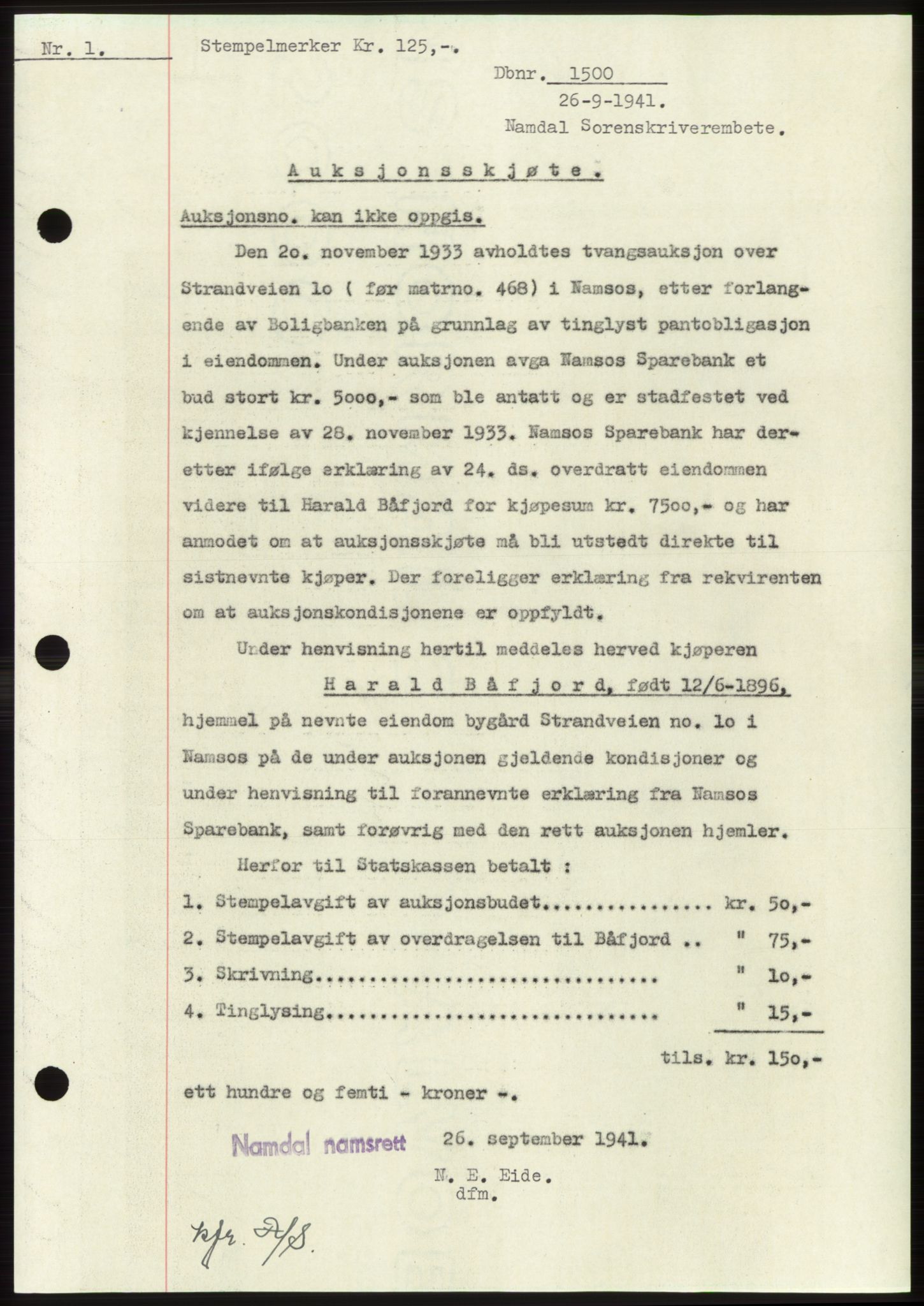 Namdal sorenskriveri, SAT/A-4133/1/2/2C: Pantebok nr. -, 1941-1942, Dagboknr: 1500/1941