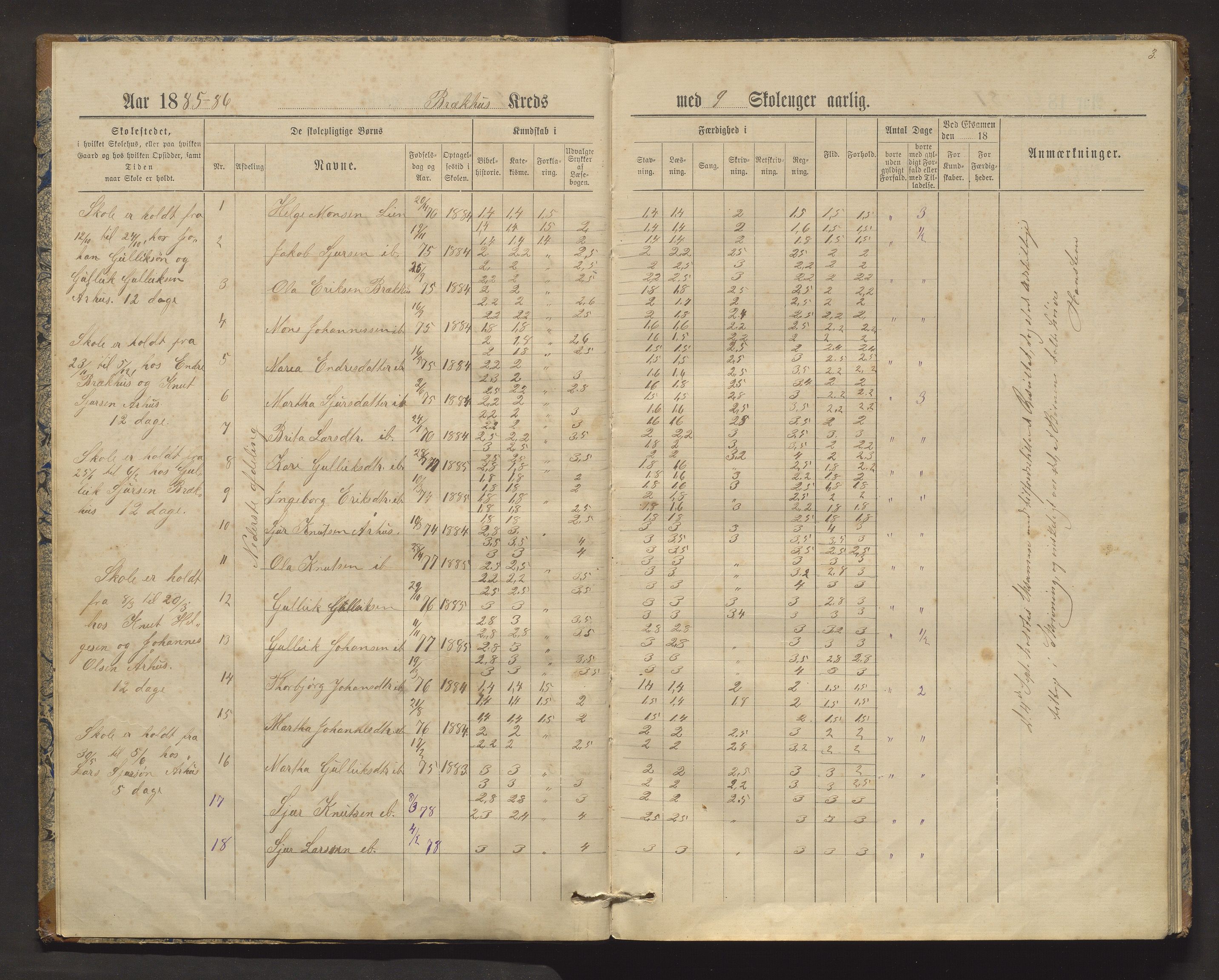 Evanger kommune. Barneskulane, IKAH/1237-231/F/Fa/L0002: Skuleprotokoll for Brekkhus krins, 1884-1906