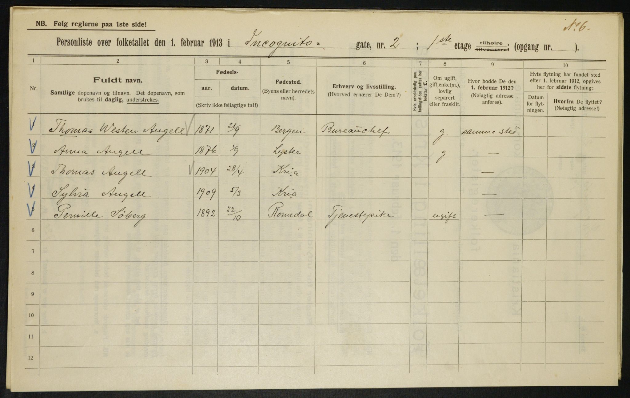 OBA, Kommunal folketelling 1.2.1913 for Kristiania, 1913, s. 43800