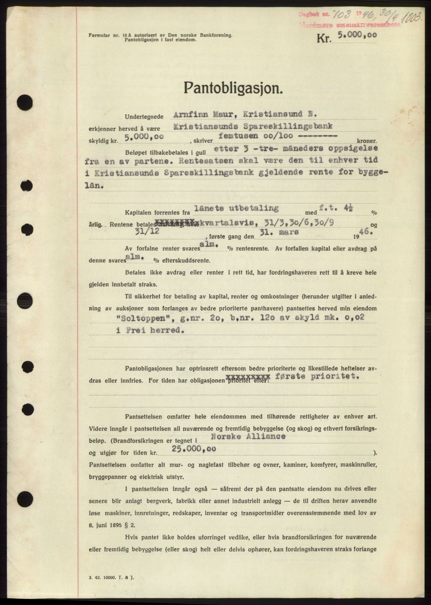 Nordmøre sorenskriveri, SAT/A-4132/1/2/2Ca: Pantebok nr. B93b, 1946-1946, Dagboknr: 703/1946
