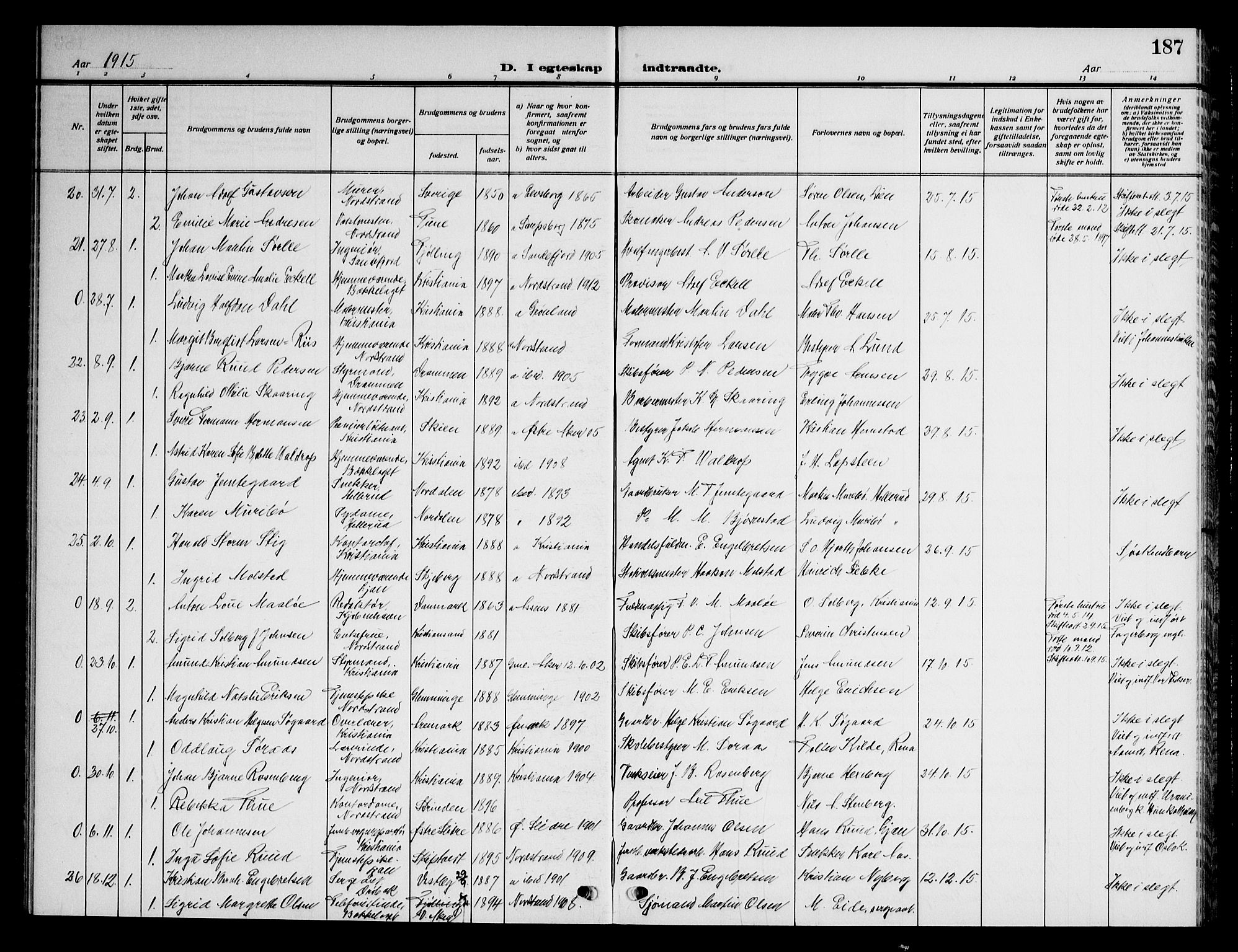 Nordstrand prestekontor Kirkebøker, AV/SAO-A-10362a/G/Ga/L0001: Klokkerbok nr. I 1, 1911-1918, s. 187