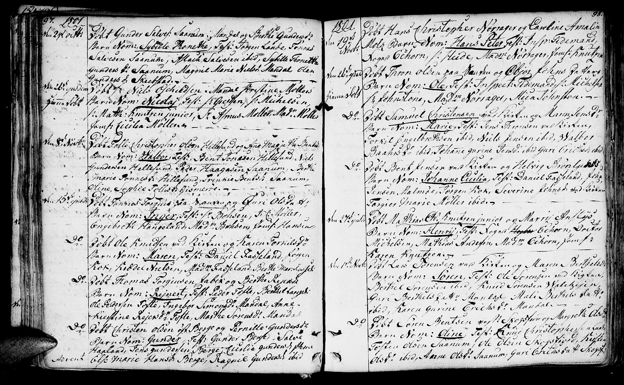 Mandal sokneprestkontor, AV/SAK-1111-0030/F/Fa/Faa/L0008: Ministerialbok nr. A 8, 1794-1817, s. 97-98