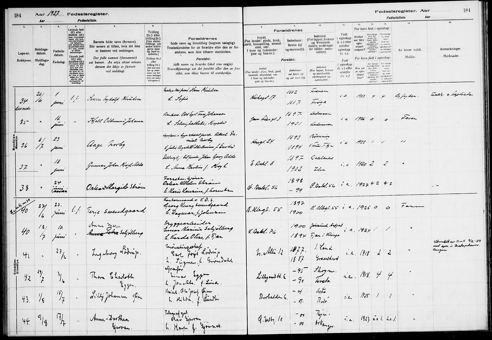 Ministerialprotokoller, klokkerbøker og fødselsregistre - Sør-Trøndelag, AV/SAT-A-1456/604/L0233: Fødselsregister nr. 604.II.4.2, 1920-1928, s. 184