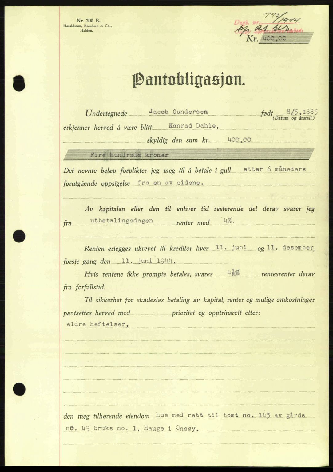 Onsøy sorenskriveri, SAO/A-10474/G/Ga/Gac/L0003: Pantebok nr. B3, 1940-1944, Dagboknr: 793/1944