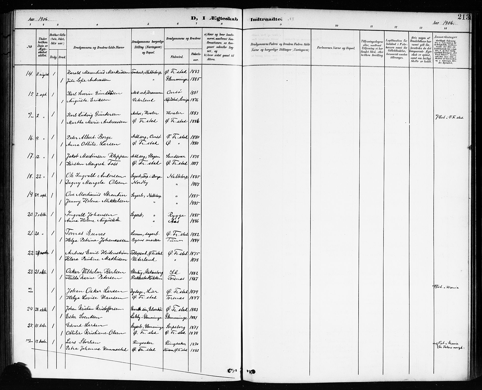 Østre Fredrikstad prestekontor Kirkebøker, AV/SAO-A-10907/G/Ga/L0002: Klokkerbok nr. 2, 1900-1919, s. 213