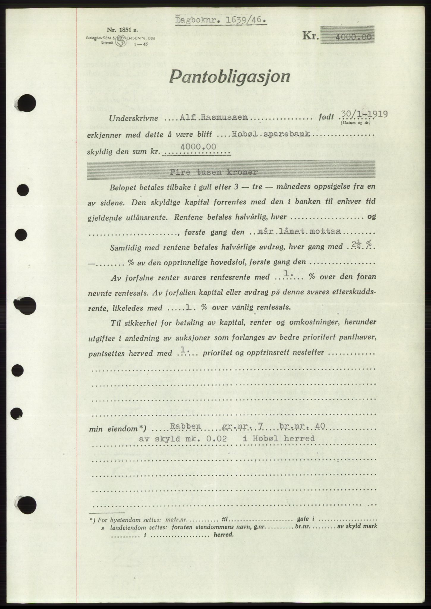 Moss sorenskriveri, SAO/A-10168: Pantebok nr. B15, 1946-1946, Dagboknr: 1639/1946