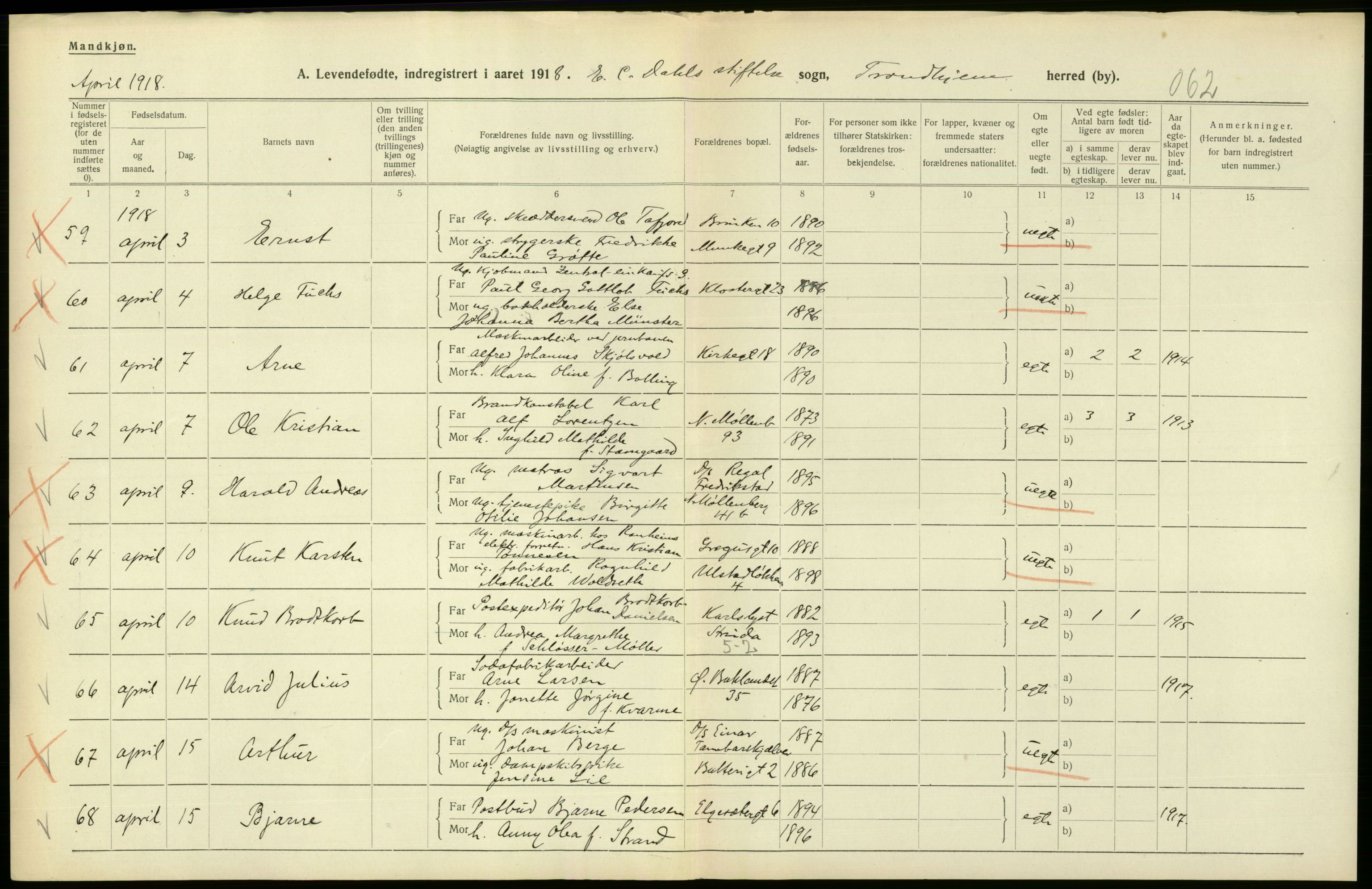 Statistisk sentralbyrå, Sosiodemografiske emner, Befolkning, RA/S-2228/D/Df/Dfb/Dfbh/L0048: Trondheim: Levendefødte menn og kvinner, gifte., 1918, s. 456