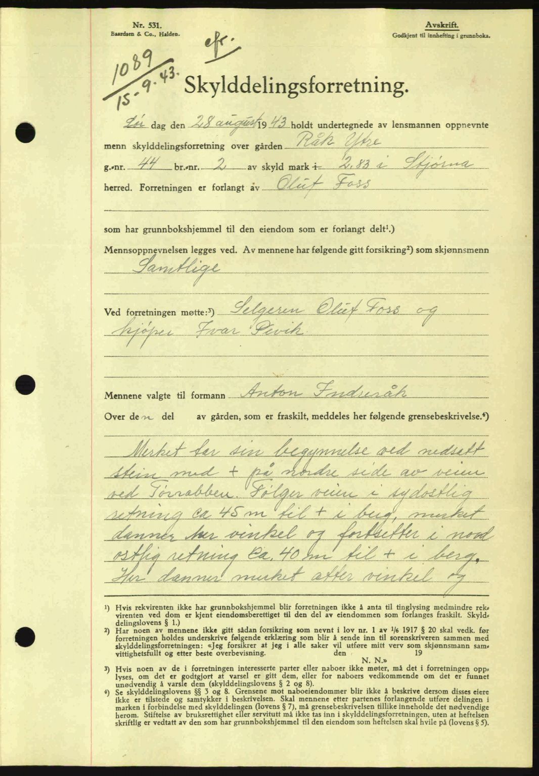 Fosen sorenskriveri, AV/SAT-A-1107/1/2/2C: Pantebok nr. A2, 1942-1943, Dagboknr: 1089/1943