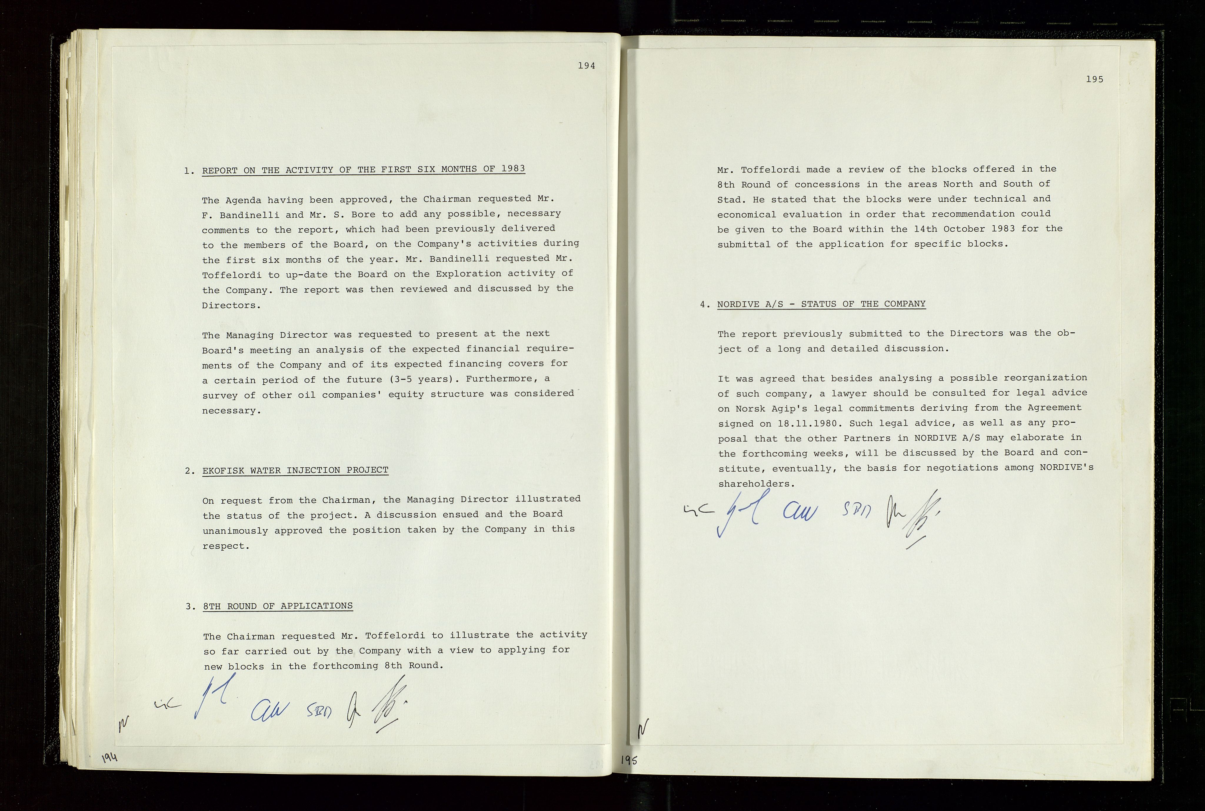 Pa 1583 - Norsk Agip AS, AV/SAST-A-102138/A/Aa/L0003: Board of Directors meeting minutes, 1979-1983, s. 194-195