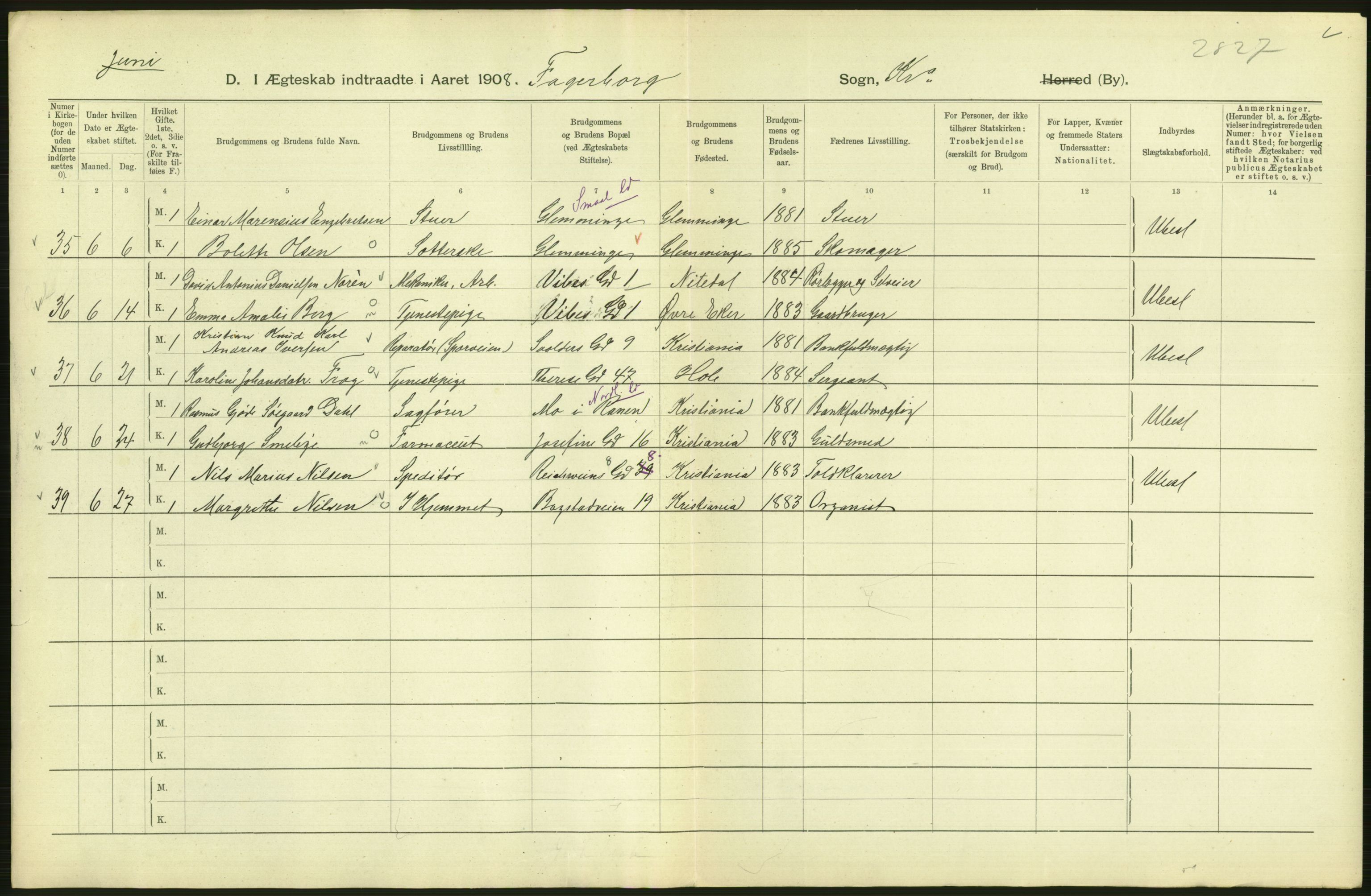 Statistisk sentralbyrå, Sosiodemografiske emner, Befolkning, AV/RA-S-2228/D/Df/Dfa/Dfaf/L0007: Kristiania: Gifte, 1908, s. 384