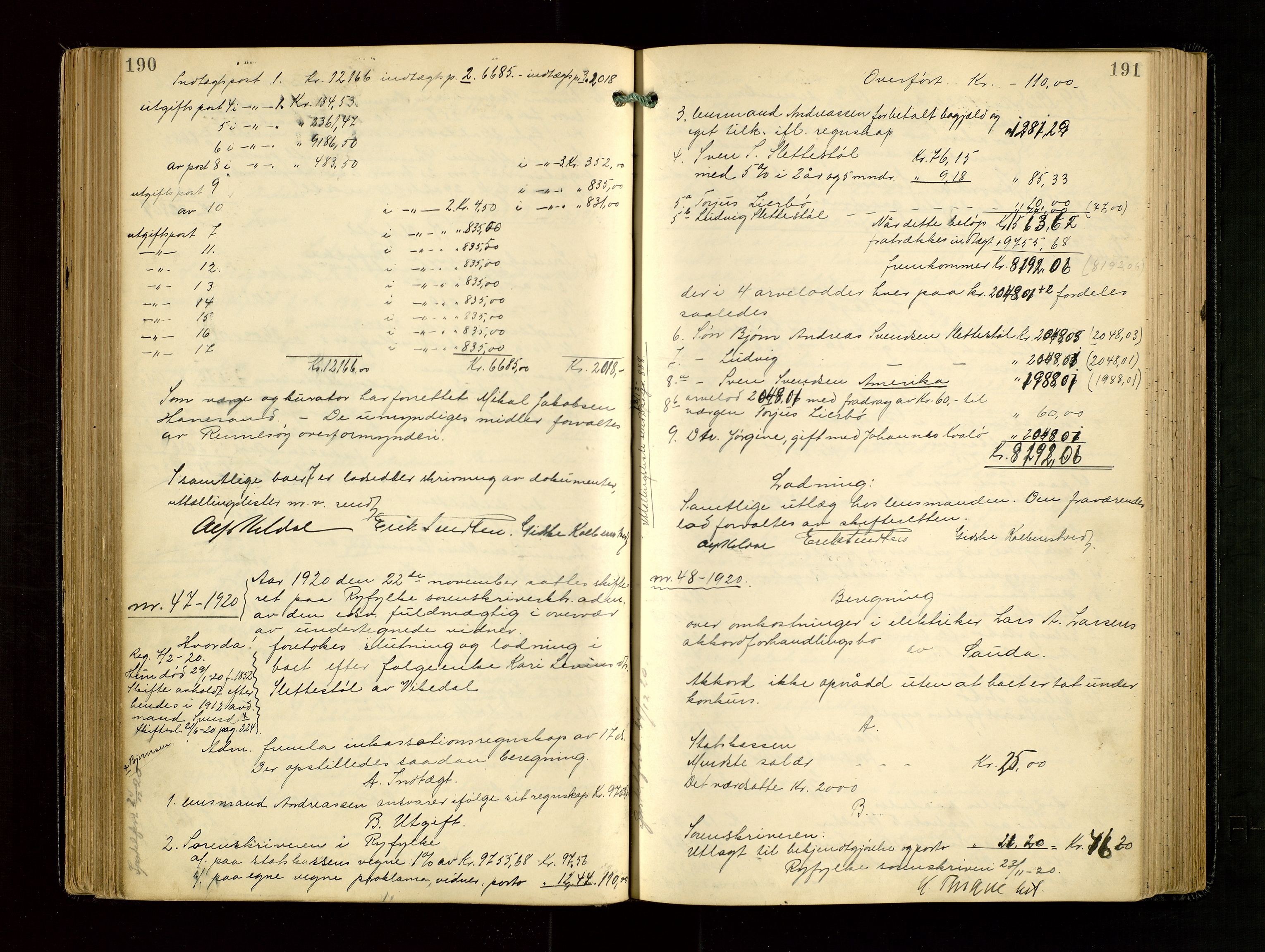 Ryfylke tingrett, AV/SAST-A-100055/001/IV/IVG/L0005: Skifteudlodningsprotokoll Med register, 1918-1924, s. 190-191