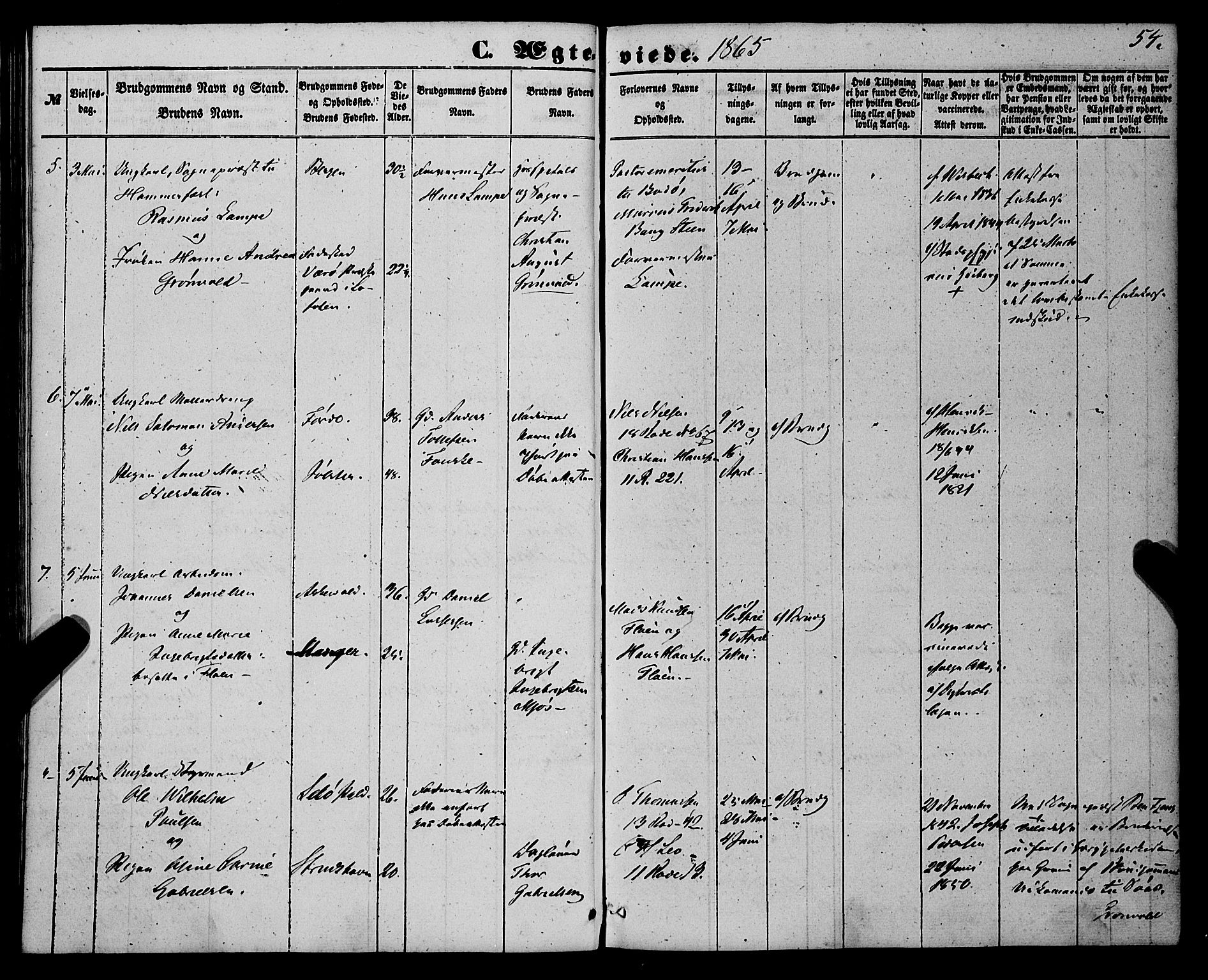 St. Jørgens hospital og Årstad sokneprestembete, AV/SAB-A-99934: Ministerialbok nr. A 9, 1853-1878, s. 54