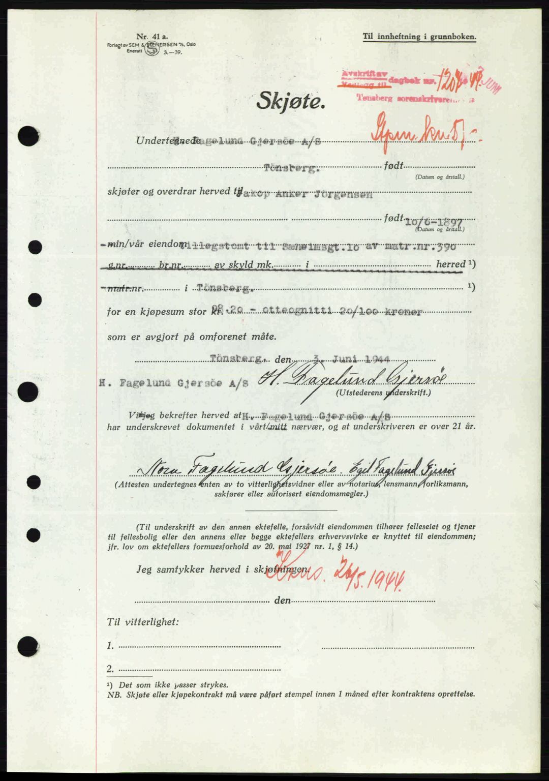 Tønsberg sorenskriveri, AV/SAKO-A-130/G/Ga/Gaa/L0015: Pantebok nr. A15, 1944-1944, Dagboknr: 1207/1944