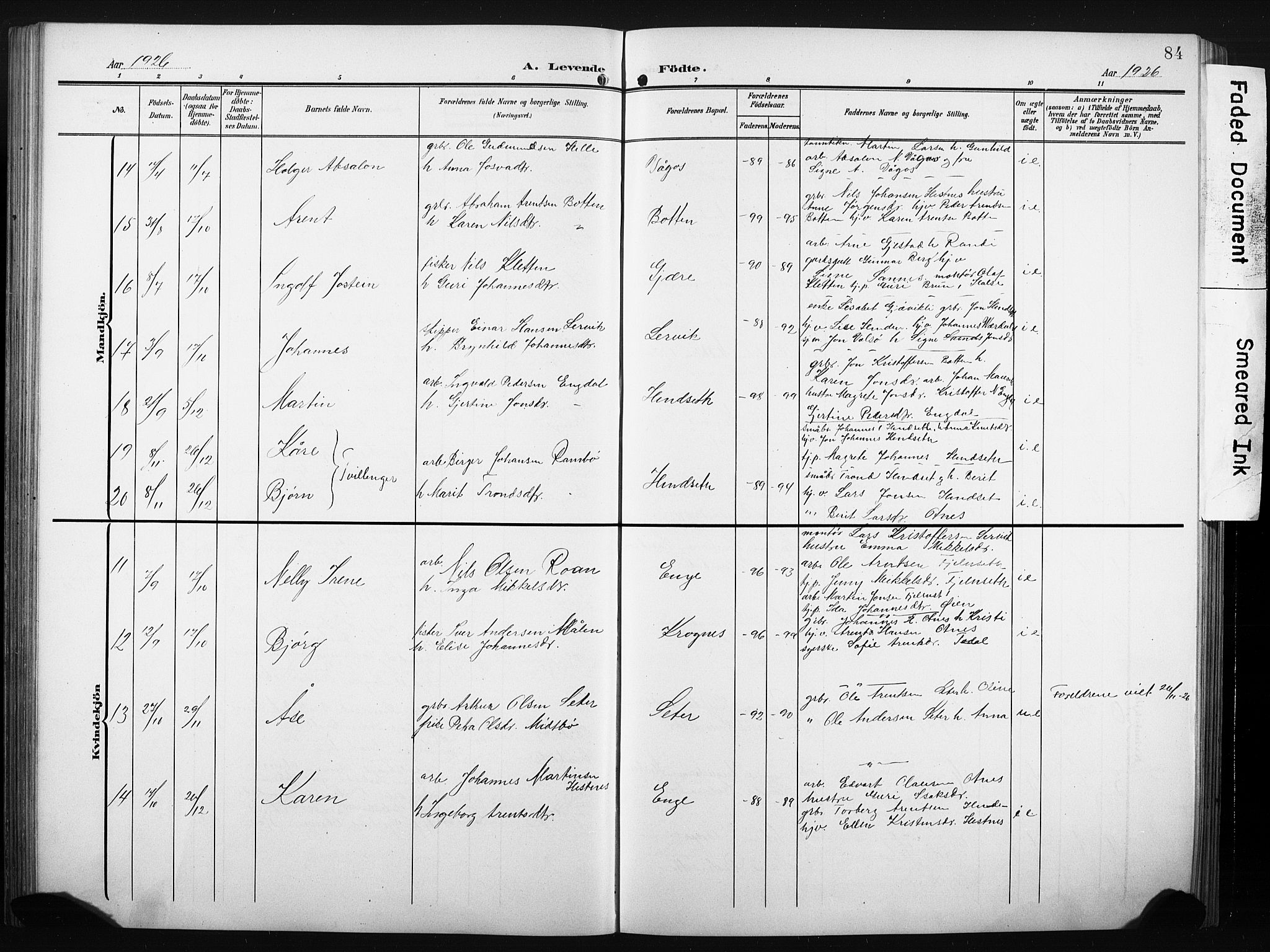 Ministerialprotokoller, klokkerbøker og fødselsregistre - Møre og Romsdal, AV/SAT-A-1454/580/L0927: Klokkerbok nr. 580C02, 1904-1932, s. 84