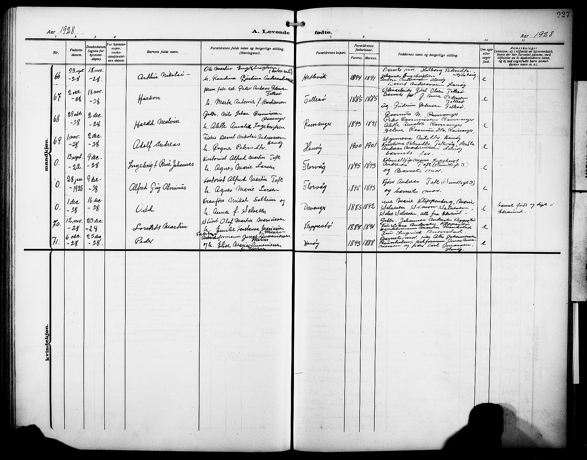 Askøy Sokneprestembete, AV/SAB-A-74101/H/Ha/Hab/Haba/L0011: Klokkerbok nr. A 11, 1908-1931, s. 227