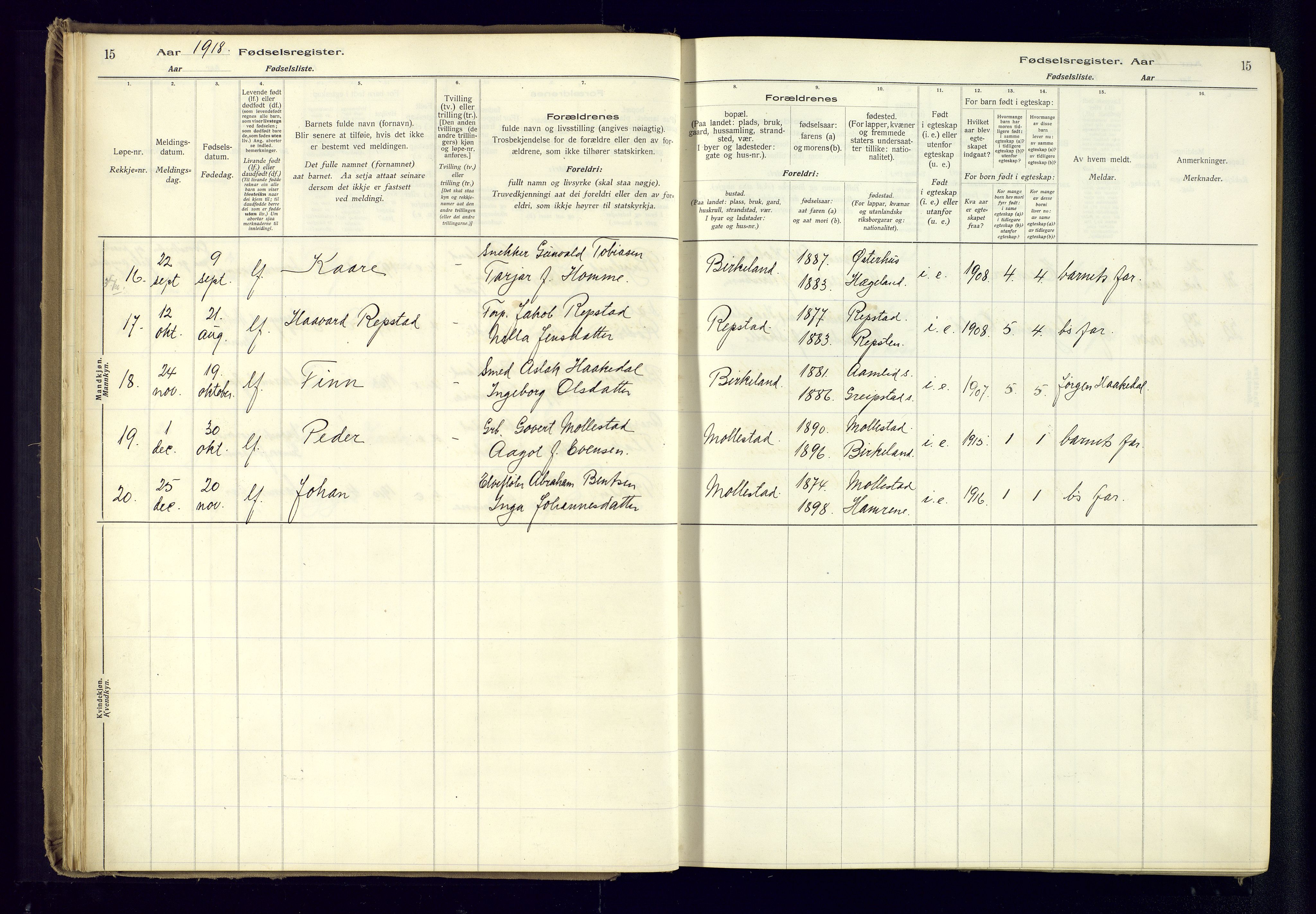 Birkenes sokneprestkontor, AV/SAK-1111-0004/J/Ja/L0001: Fødselsregister nr. II.6.4, 1916-1962, s. 15