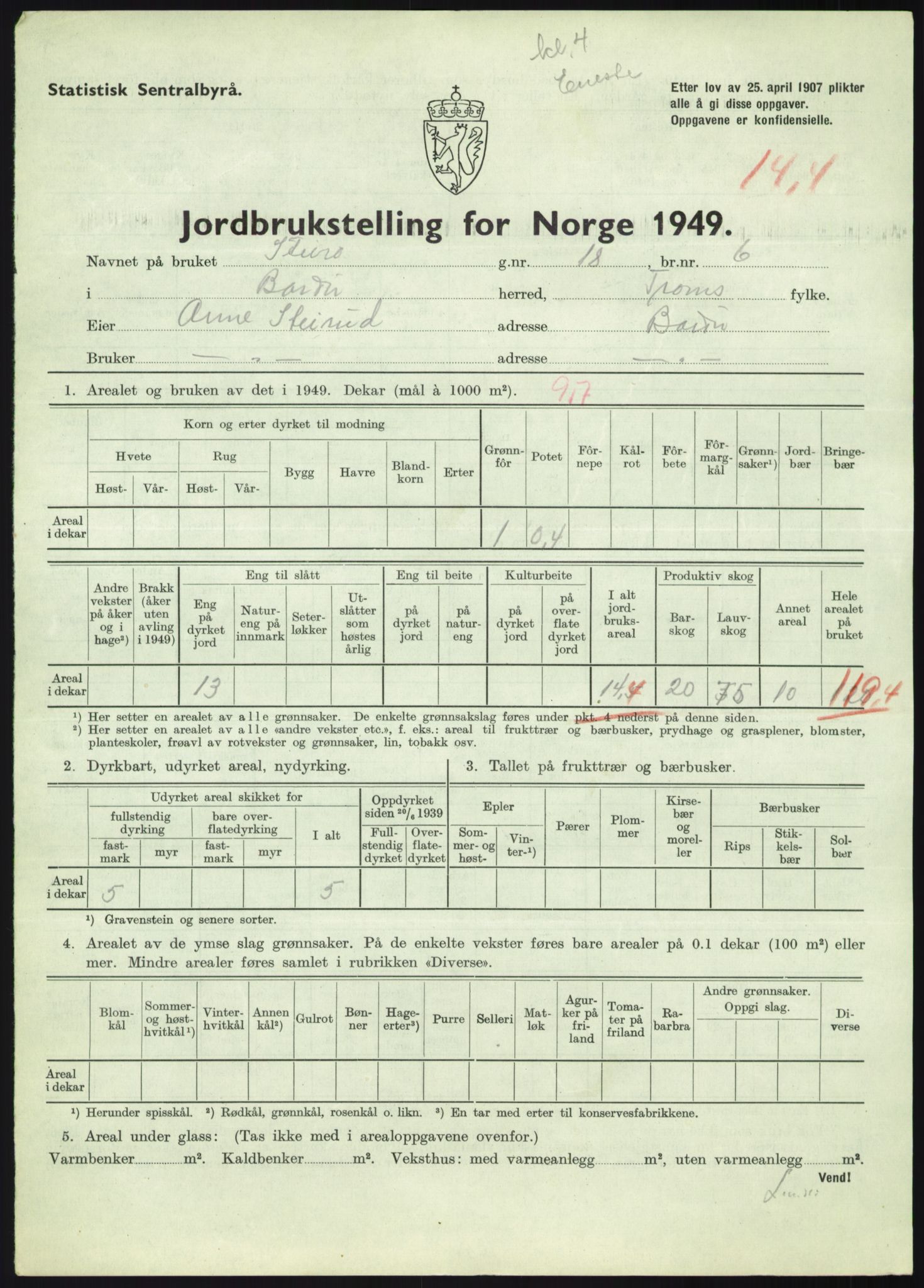 Statistisk sentralbyrå, Næringsøkonomiske emner, Jordbruk, skogbruk, jakt, fiske og fangst, AV/RA-S-2234/G/Gc/L0438: Troms: Salangen og Bardu, 1949, s. 971