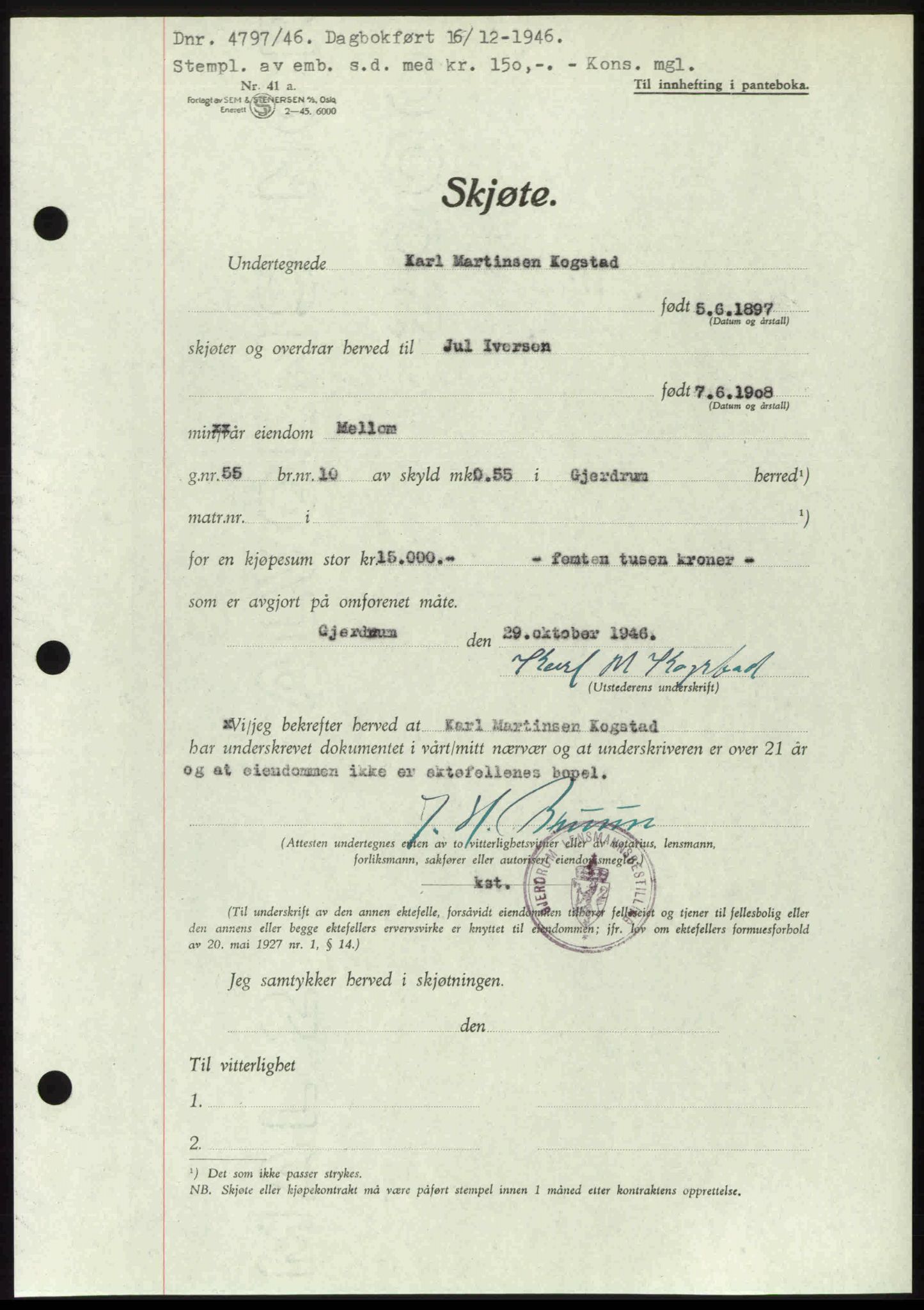 Nedre Romerike sorenskriveri, AV/SAO-A-10469/G/Gb/Gbd/L0017: Pantebok nr. 17, 1946-1946, Dagboknr: 4797/1946