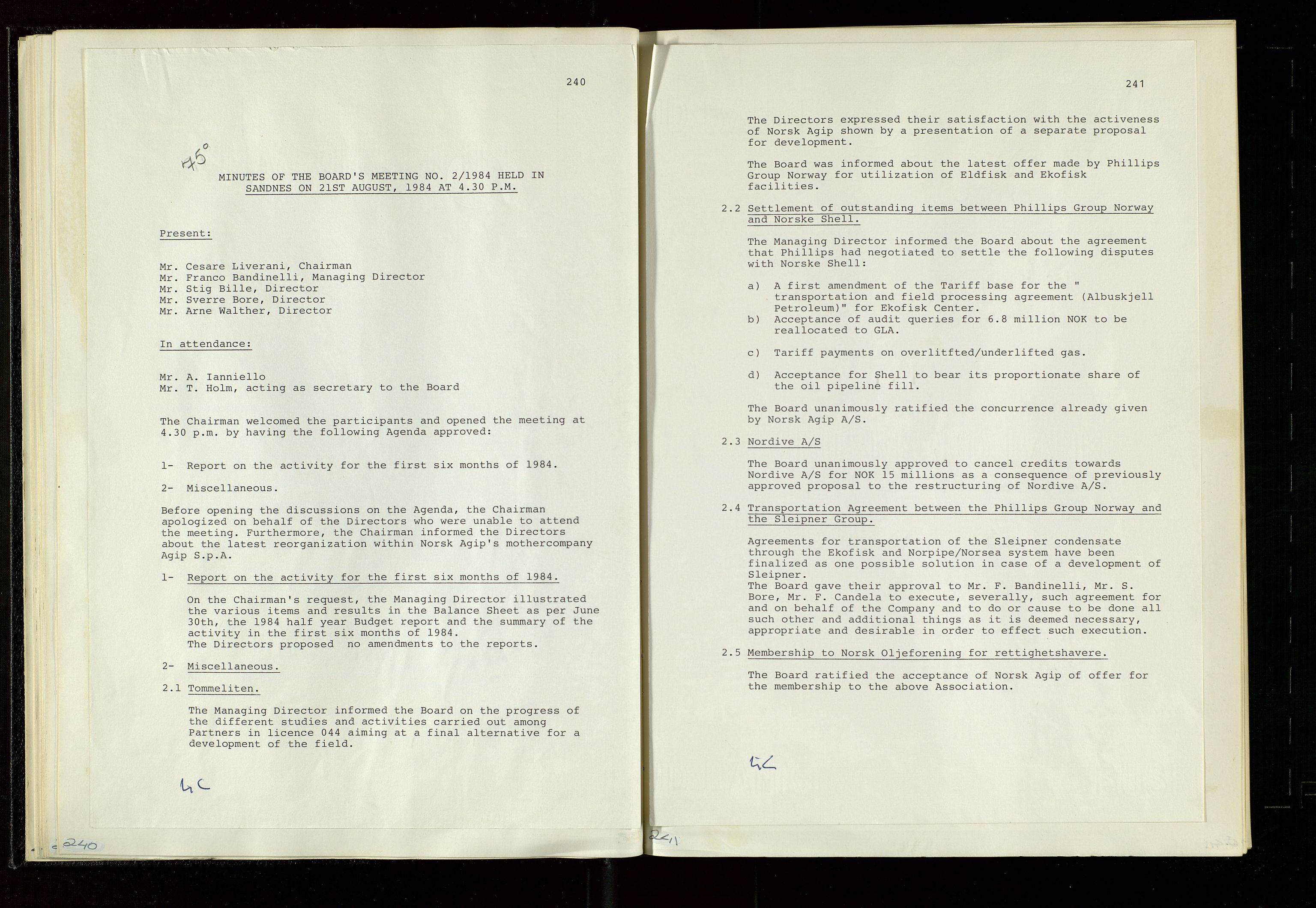 Pa 1583 - Norsk Agip AS, AV/SAST-A-102138/A/Aa/L0003: Board of Directors meeting minutes, 1979-1983, s. 240-241