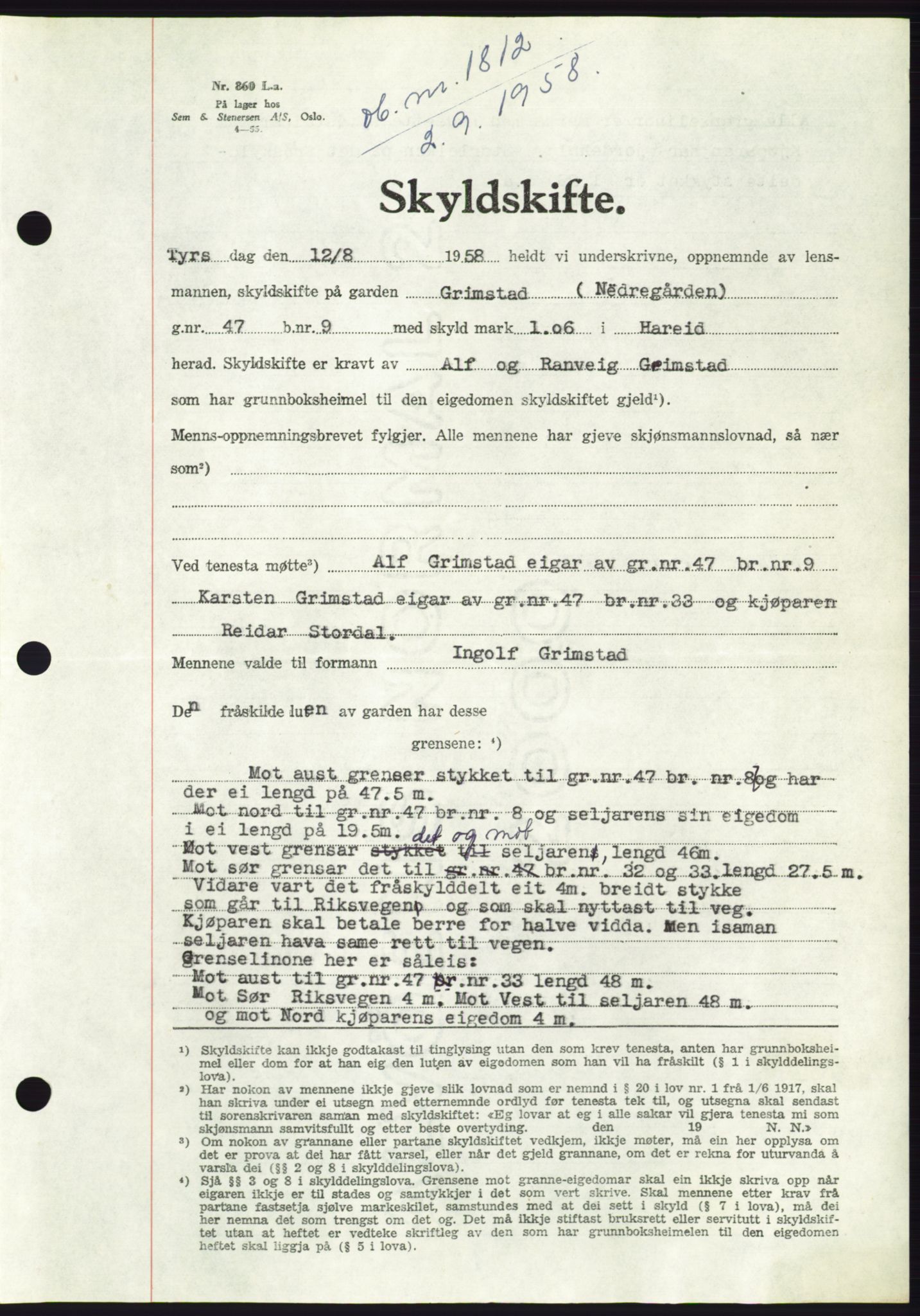 Søre Sunnmøre sorenskriveri, AV/SAT-A-4122/1/2/2C/L0110: Pantebok nr. 36A, 1958-1958, Dagboknr: 1812/1958