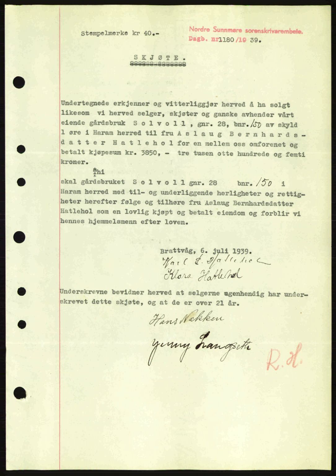 Nordre Sunnmøre sorenskriveri, SAT/A-0006/1/2/2C/2Ca: Pantebok nr. A7, 1939-1939, Dagboknr: 1180/1939