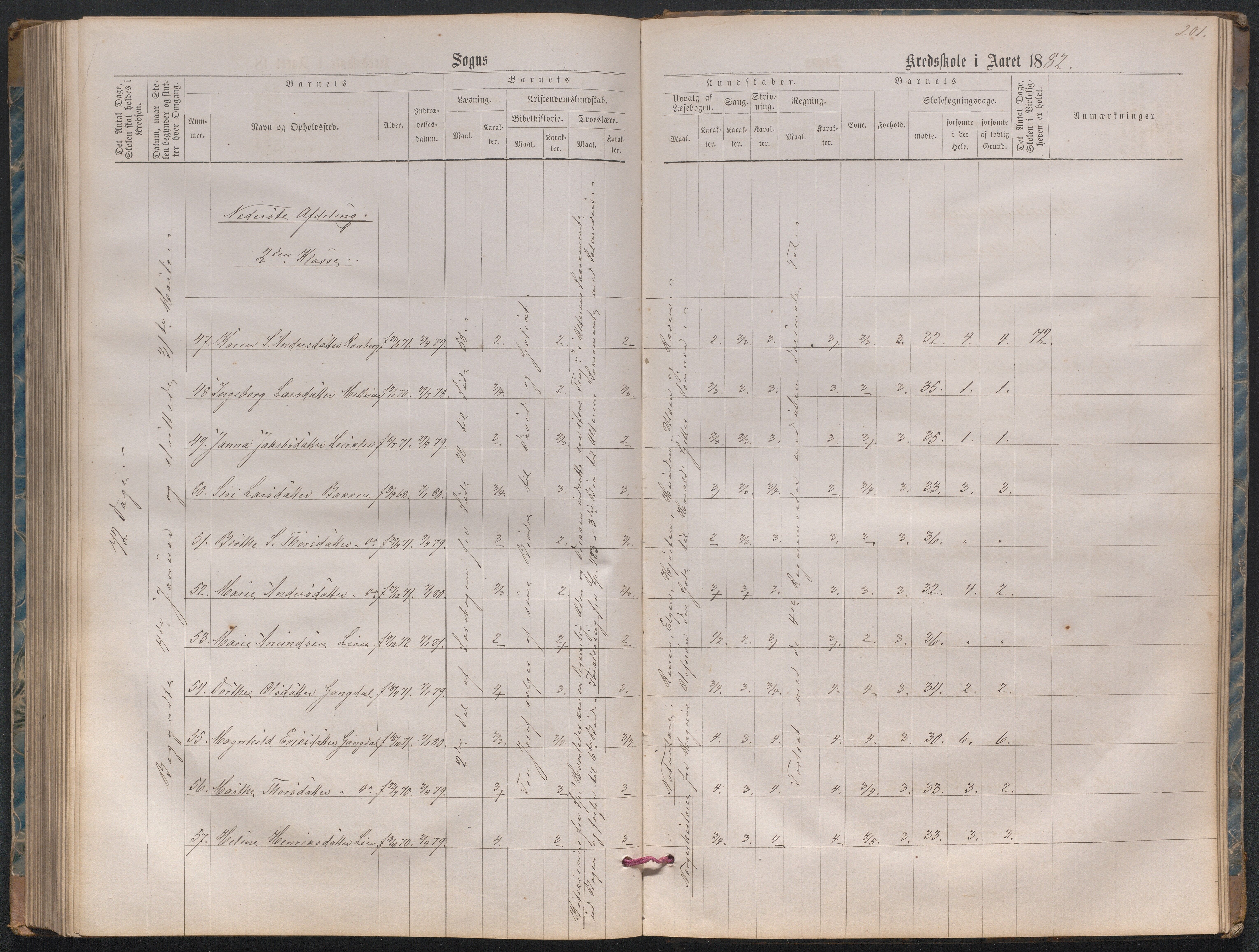 , Næs Jernverk faste skole, Nr.2 Karakterprotokoll 1870-1886, 1870-1886, s. 201