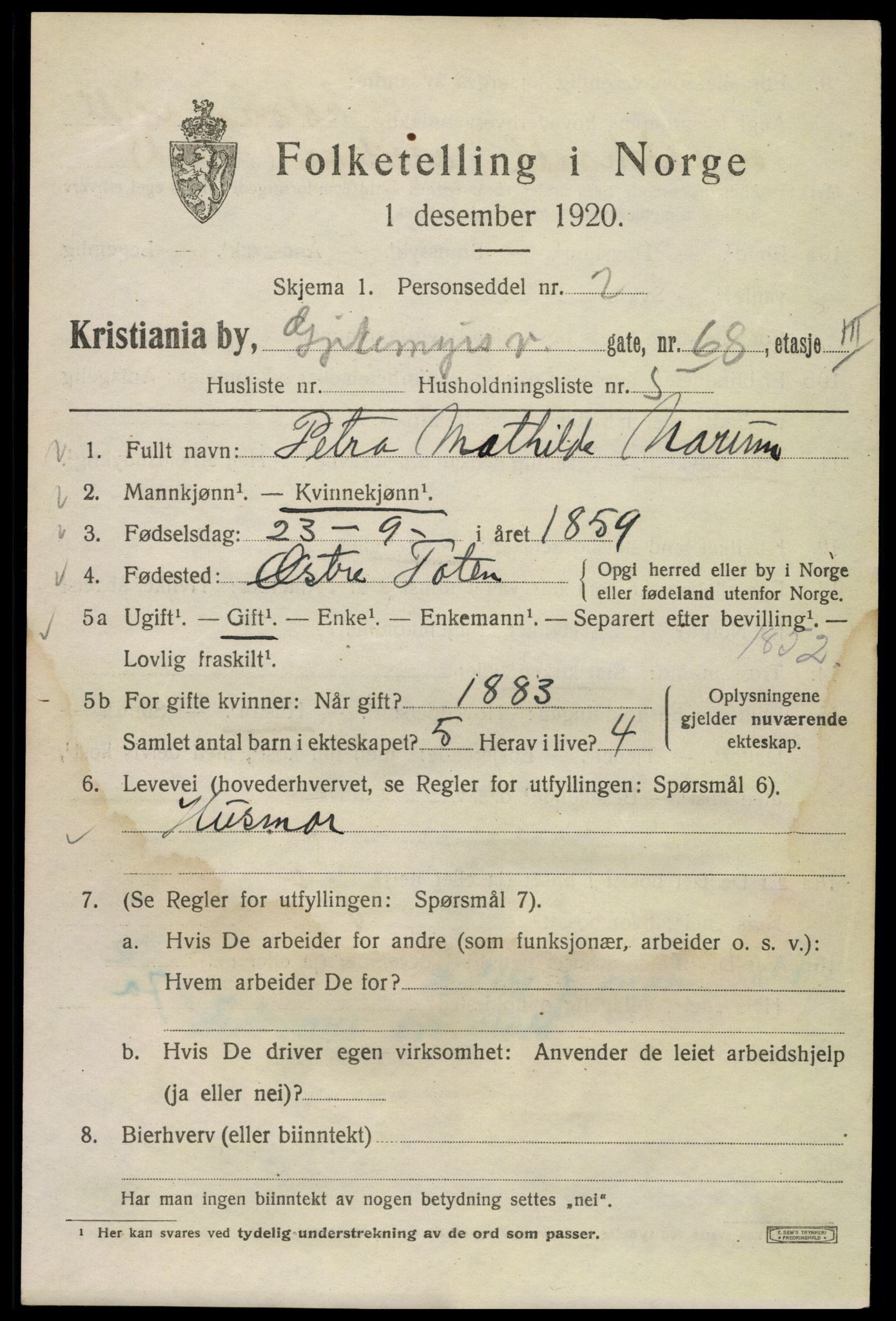 SAO, Folketelling 1920 for 0301 Kristiania kjøpstad, 1920, s. 250113
