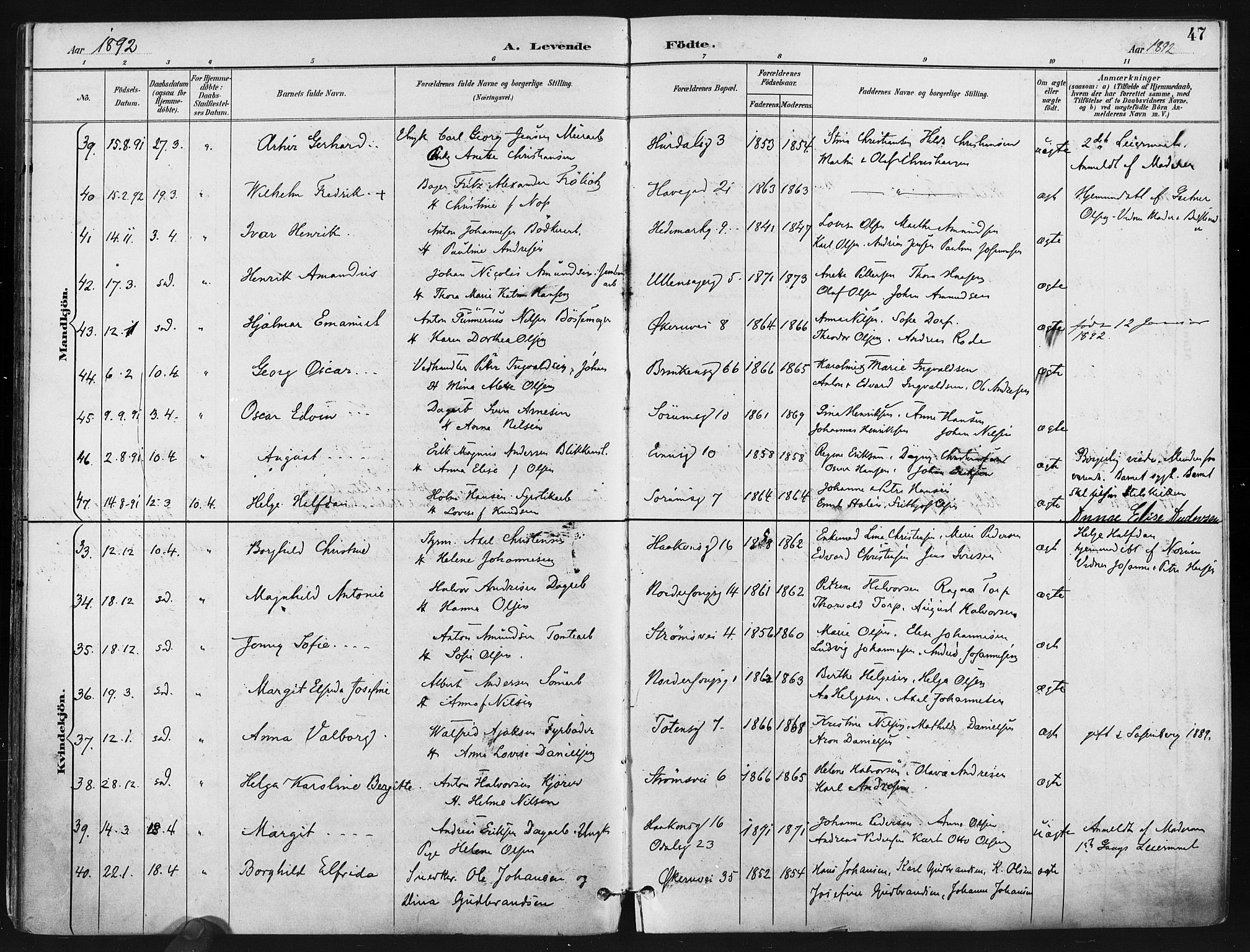 Kampen prestekontor Kirkebøker, AV/SAO-A-10853/F/Fa/L0005: Ministerialbok nr. I 5, 1890-1902, s. 47