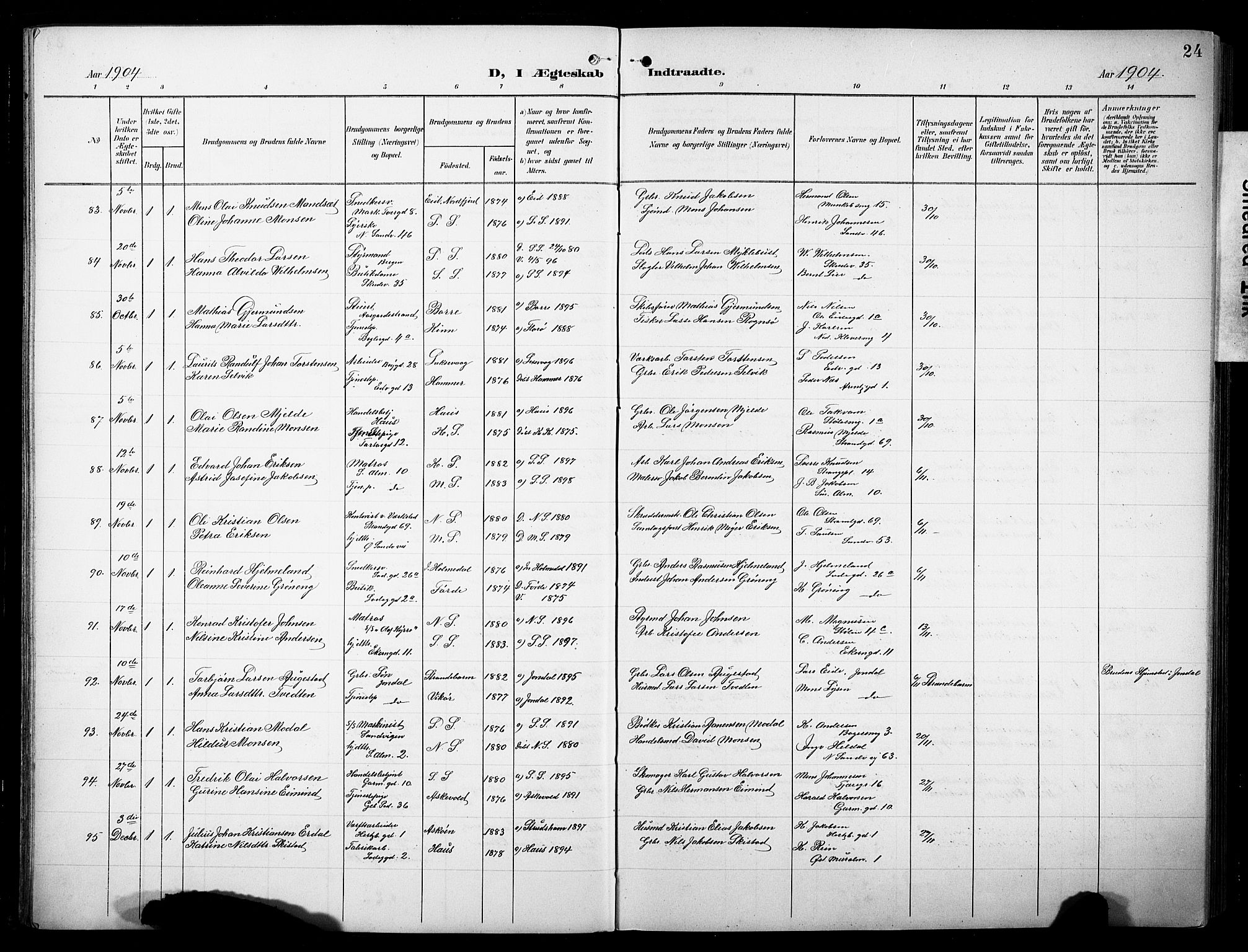 Sandviken Sokneprestembete, AV/SAB-A-77601/H/Hb/L0014: Klokkerbok nr. D 1, 1902-1929, s. 24