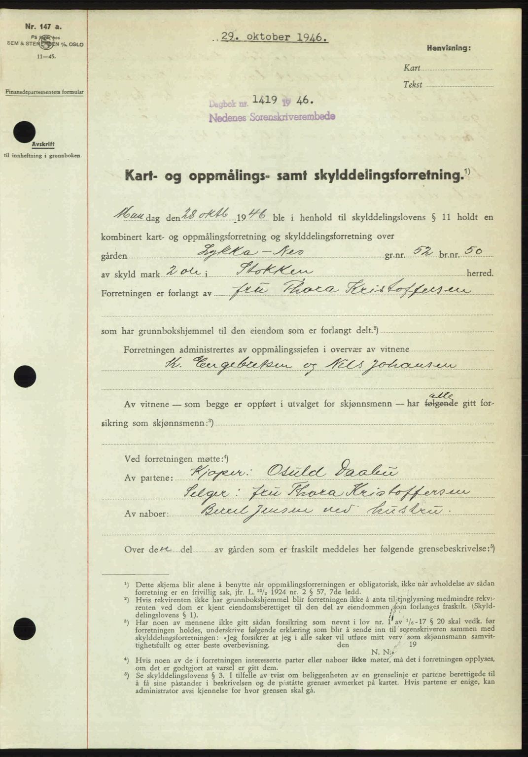 Nedenes sorenskriveri, AV/SAK-1221-0006/G/Gb/Gba/L0056: Pantebok nr. A8, 1946-1947, Dagboknr: 1419/1946