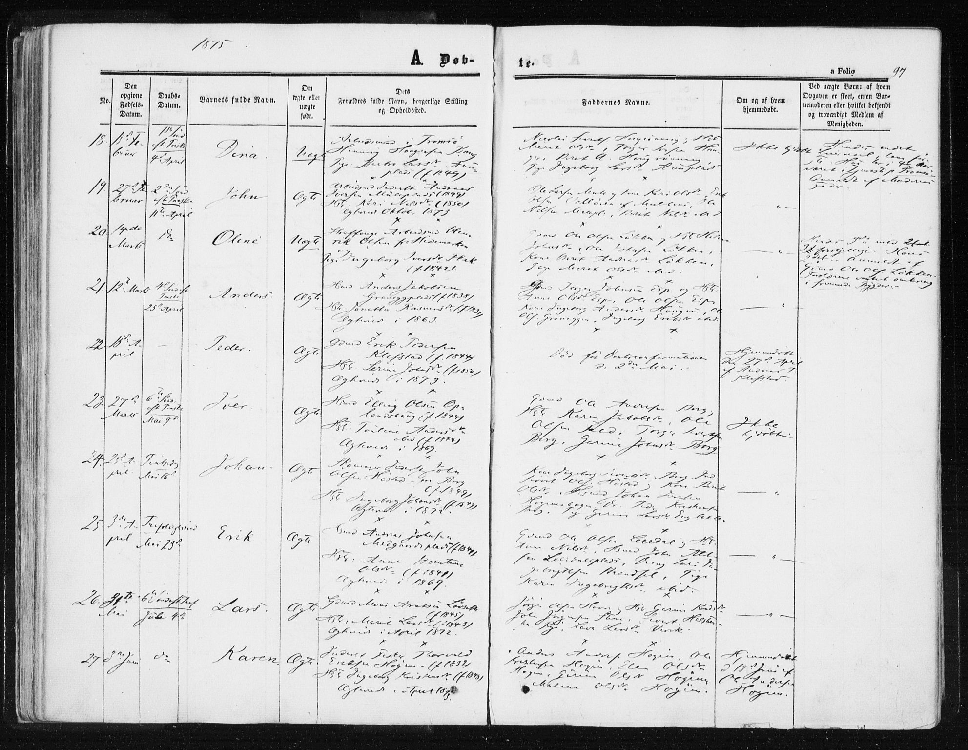 Ministerialprotokoller, klokkerbøker og fødselsregistre - Sør-Trøndelag, SAT/A-1456/612/L0377: Ministerialbok nr. 612A09, 1859-1877, s. 97