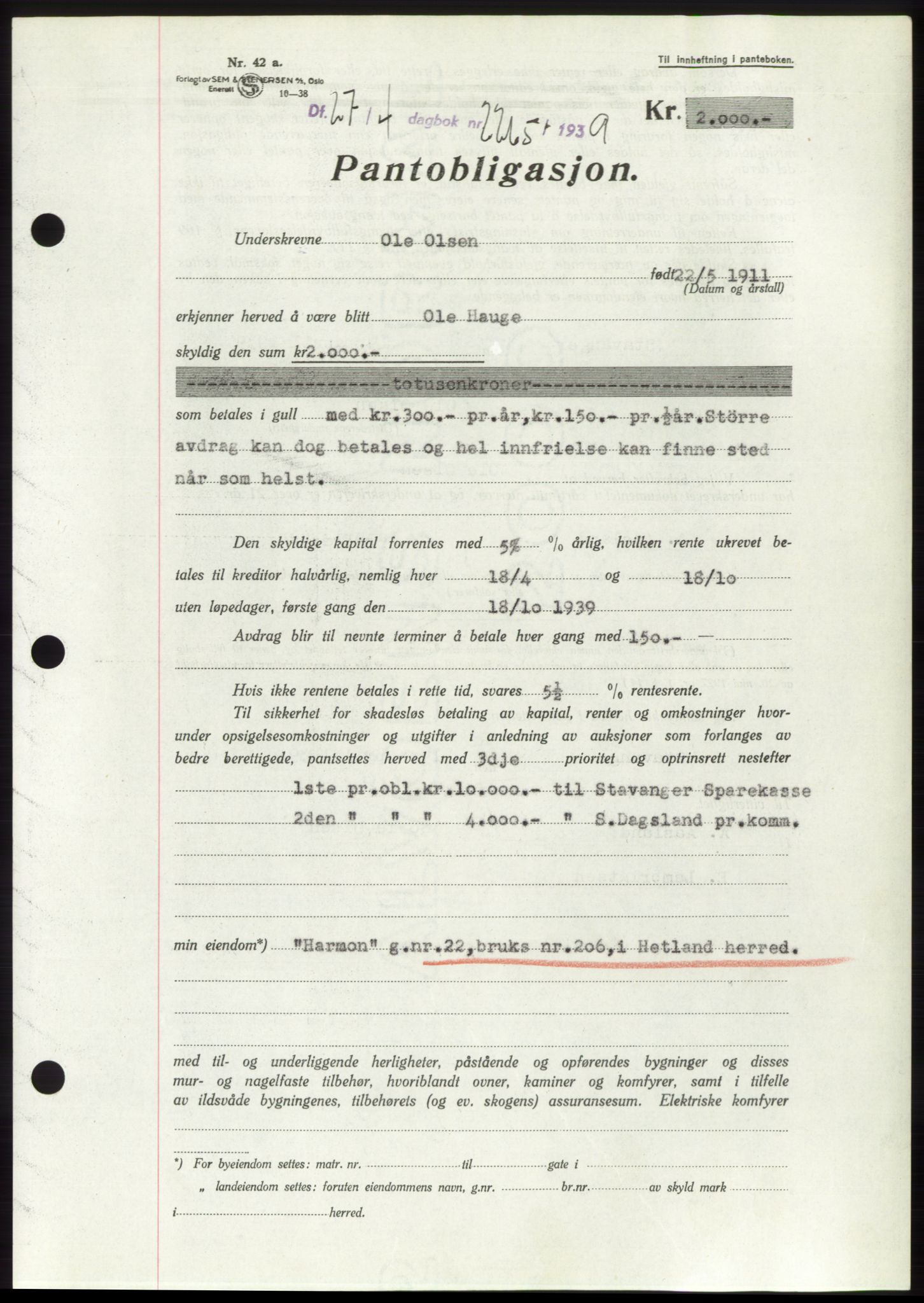 Jæren sorenskriveri, SAST/A-100310/03/G/Gba/L0074: Pantebok, 1939-1939, Dagboknr: 2265/1939